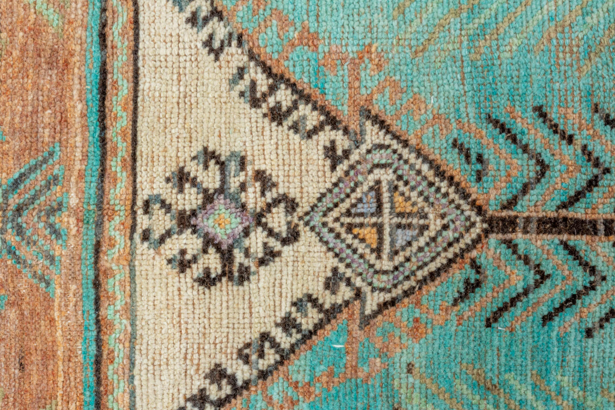 2' x 12' one-of-a-kind handmade vintage Oushak runner rug. Color palette: aqua, ivory, camel, taupe, charcoal, coral