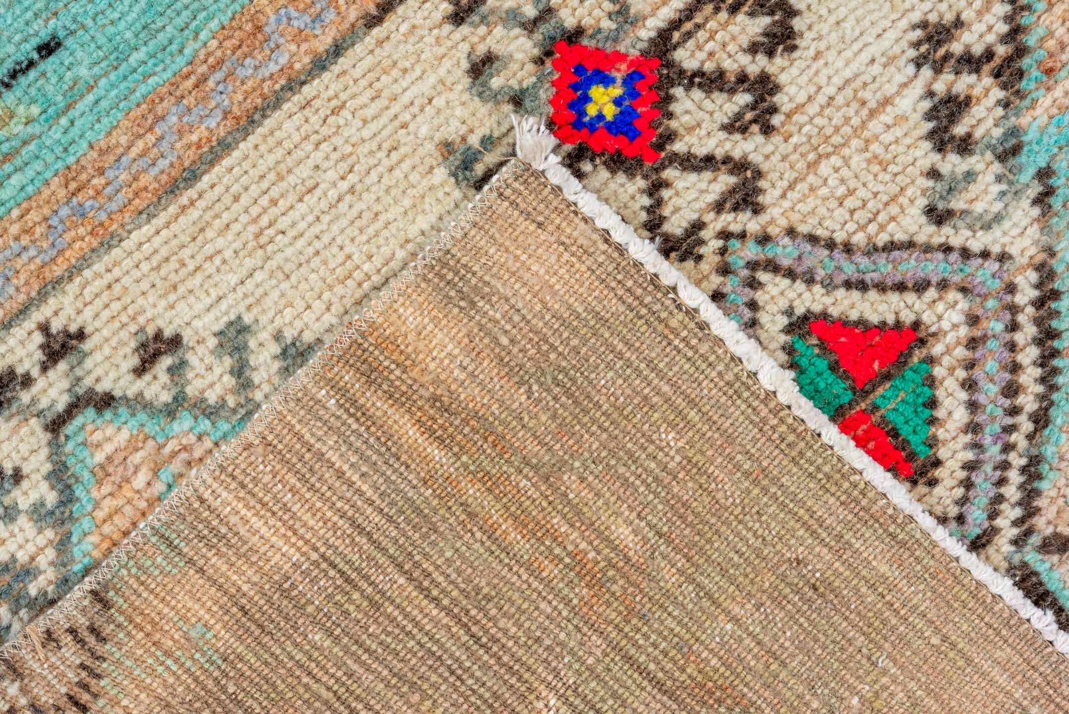 2' x 12' one-of-a-kind handmade vintage Oushak runner rug. Color palette: aqua, ivory, camel, taupe, charcoal, coral