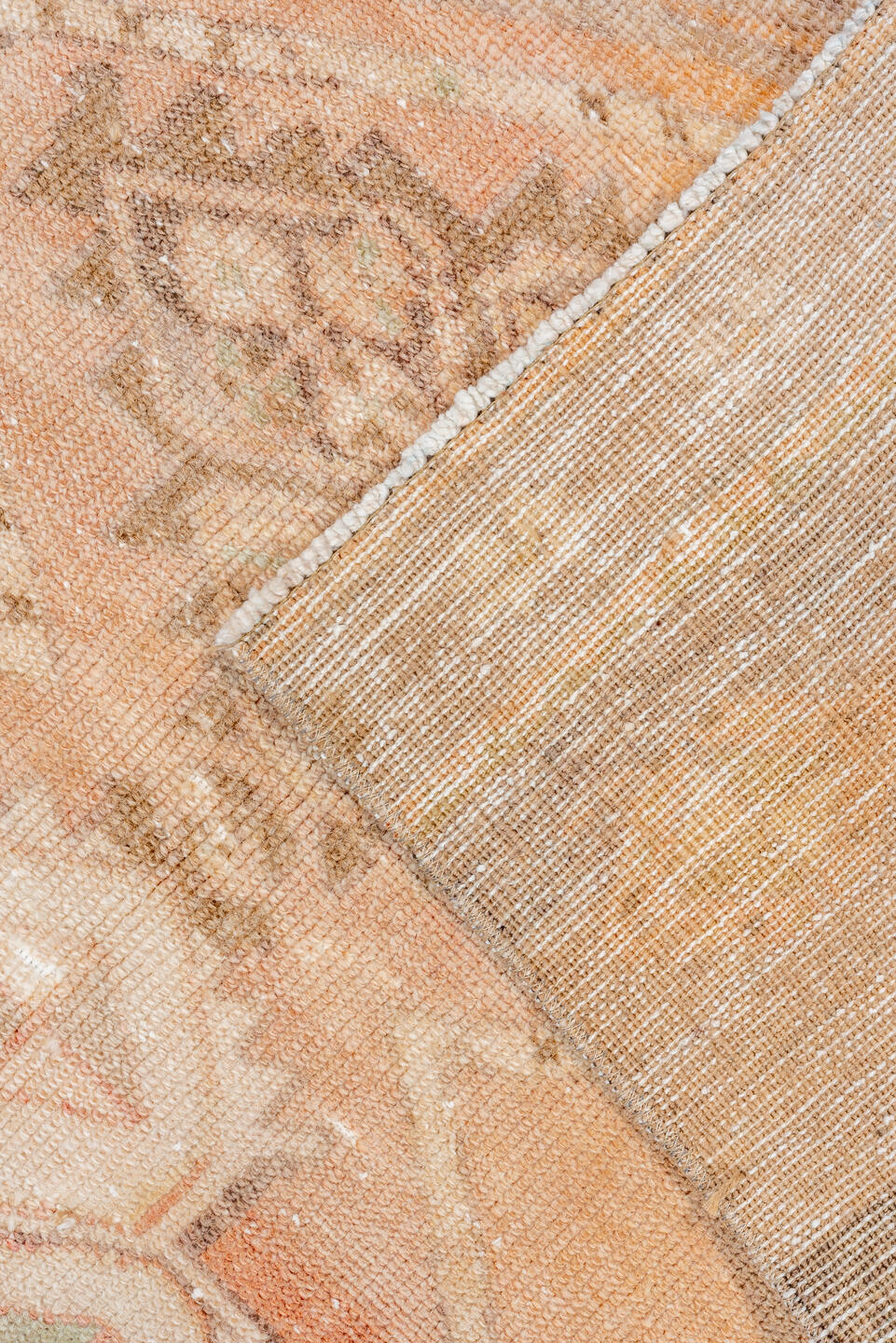 2' x 12' one-of-a-kind handmade vintage Oushak runner rug. Color palette: brown, off-white, orange, pink, snow, white