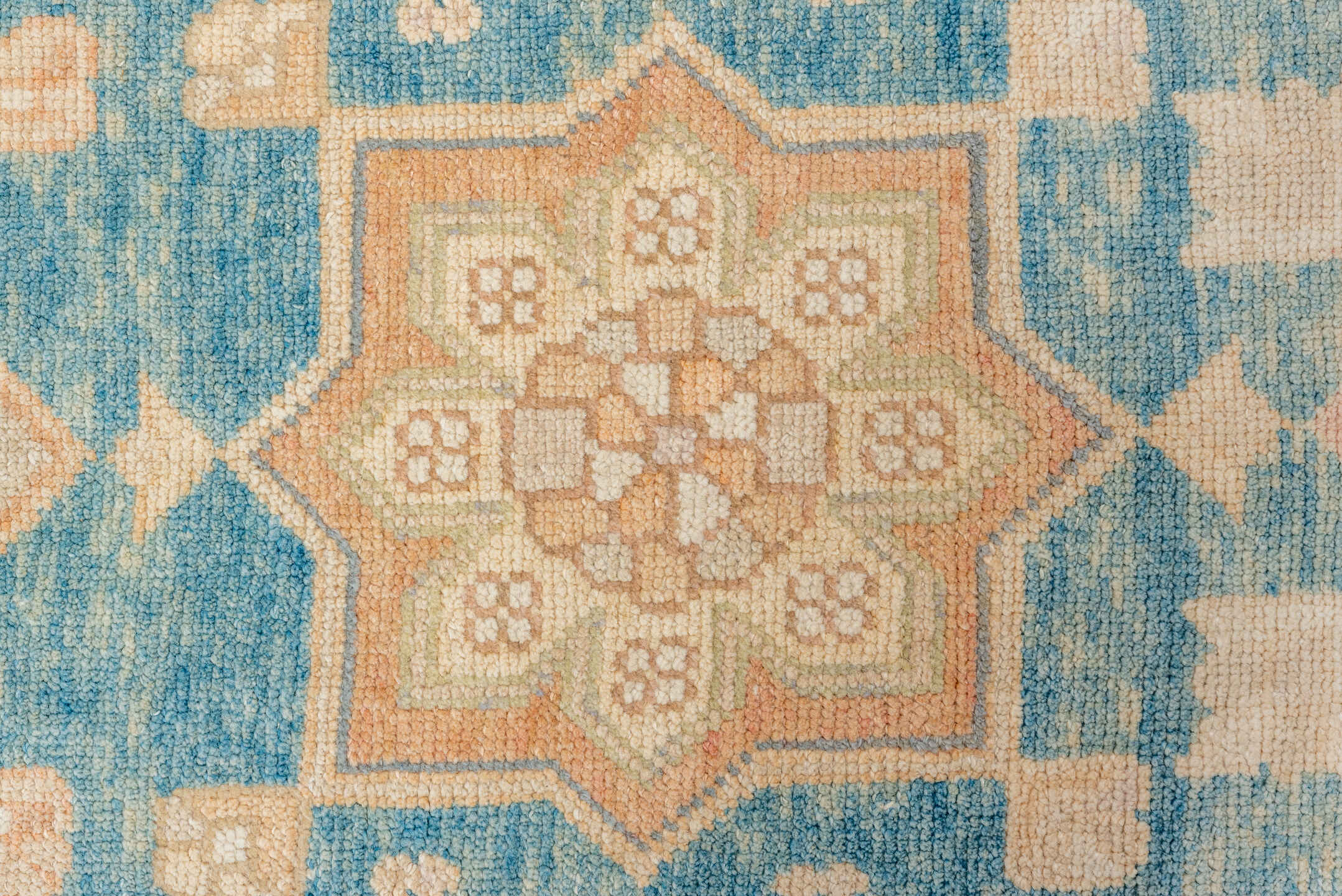 3' x 13' one-of-a-kind handmade vintage Oushak runner rug. Color palette: sky blue, blush, ivory, cream, peach, light blue