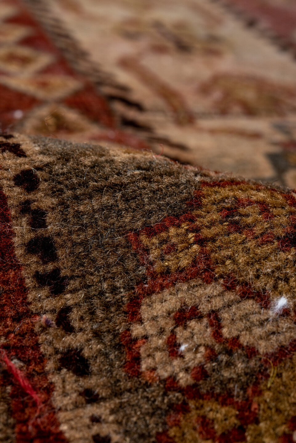 7' x 11' one-of-a-kind handmade vintage Shiraz large size rug. Color palette: rust, ivory, slate, camel, taupe, brown