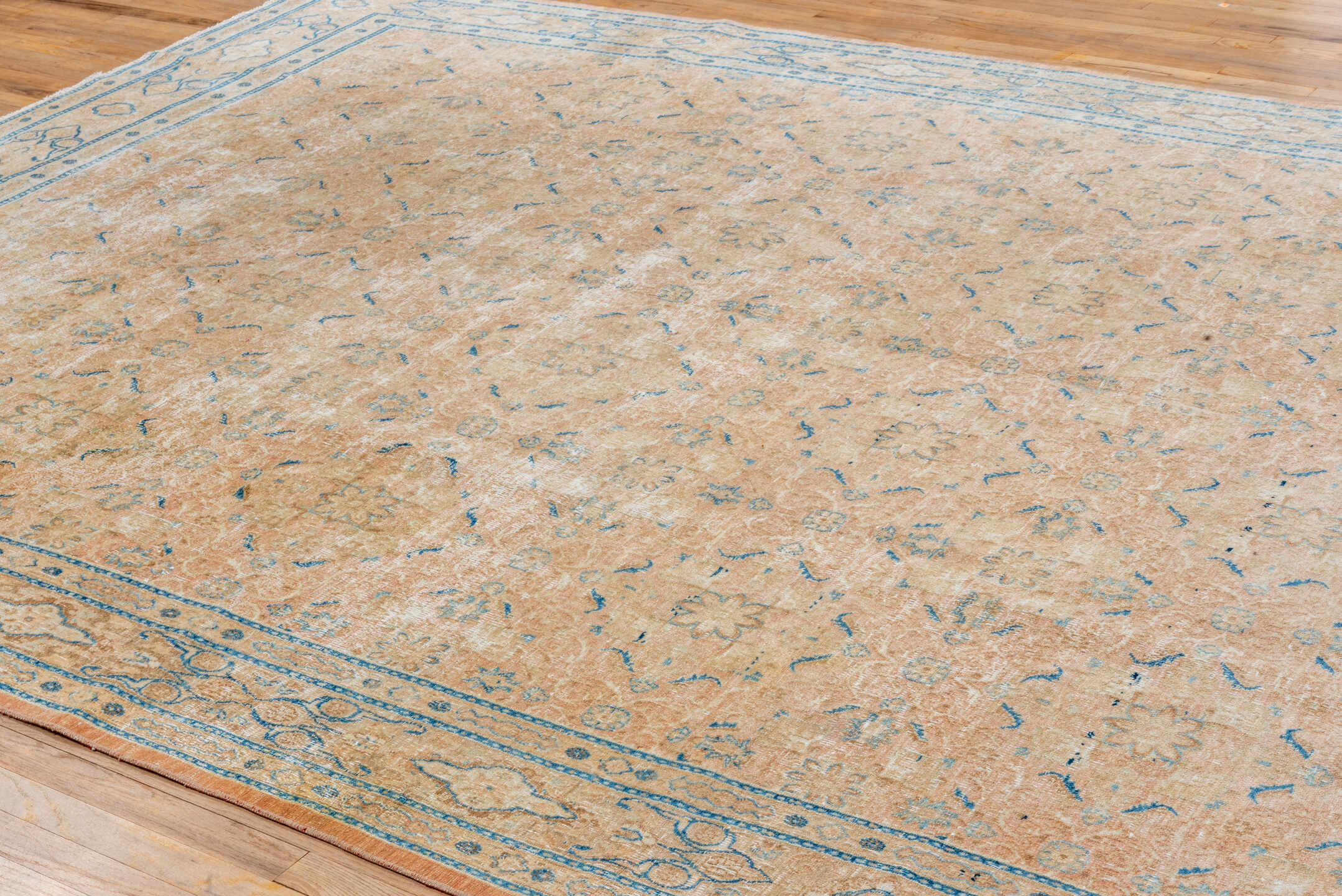 8' x 12' one-of-a-kind handmade vintage Khorassan large size rug. Color palette: beige, sky blue, ivory, sand, taupe, camel