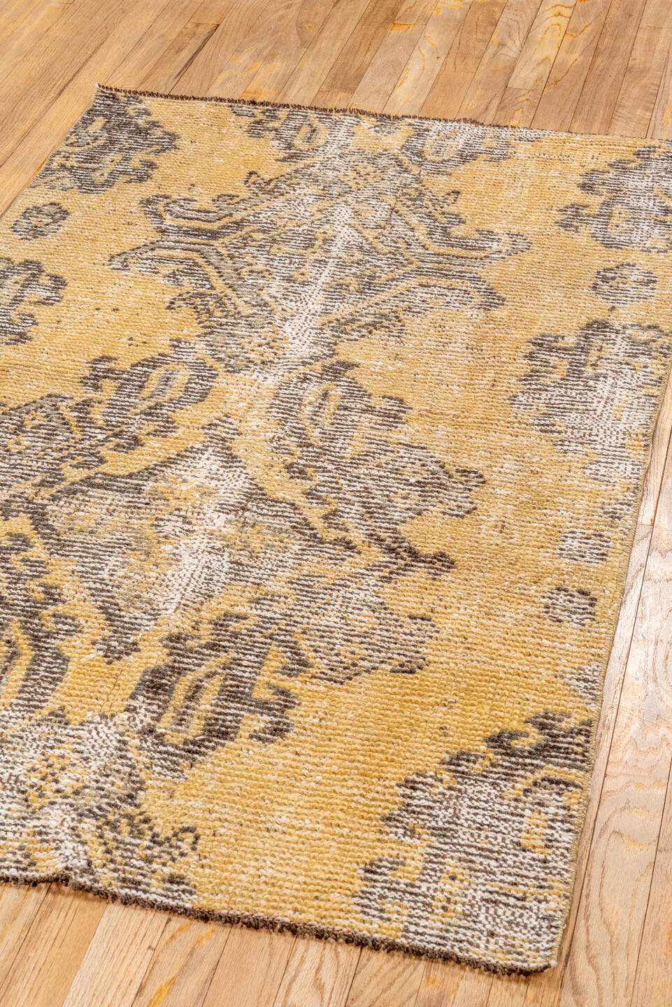 3' x 4' one-of-a-kind handmade vintage Oushak small size rug. Color palette: camel, brown, taupe, ivory, beige, gray