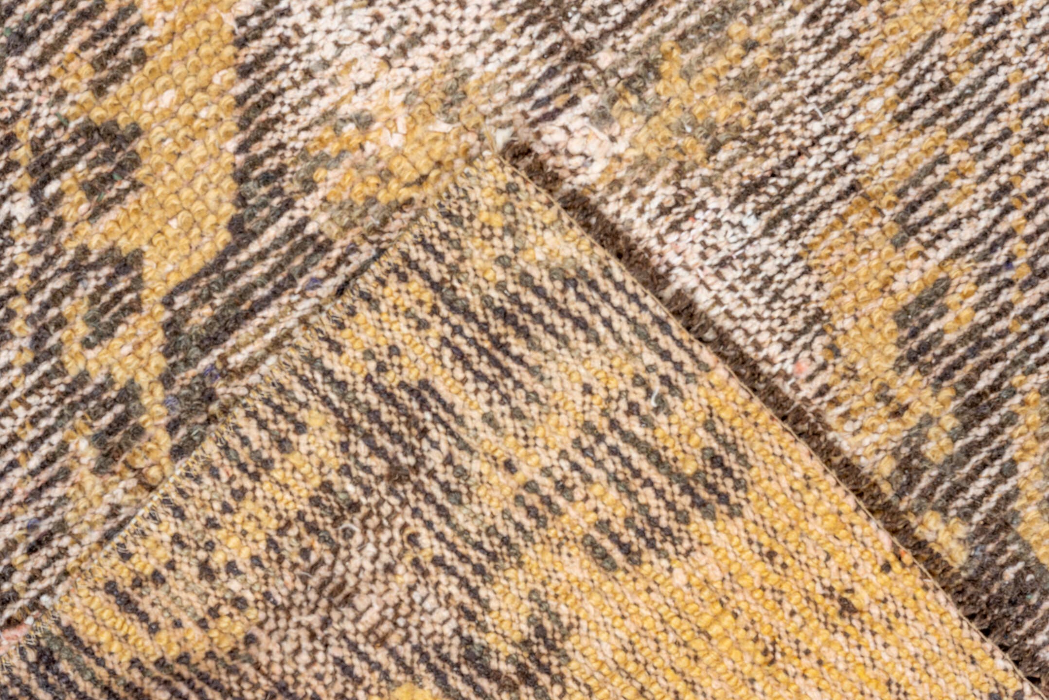 3' x 4' one-of-a-kind handmade vintage Oushak small size rug. Color palette: camel, brown, taupe, ivory, beige, gray