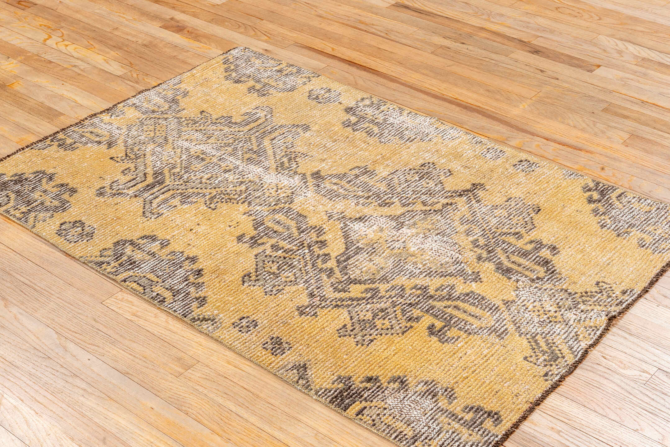 3' x 4' one-of-a-kind handmade vintage Oushak small size rug. Color palette: camel, brown, taupe, ivory, beige, gray