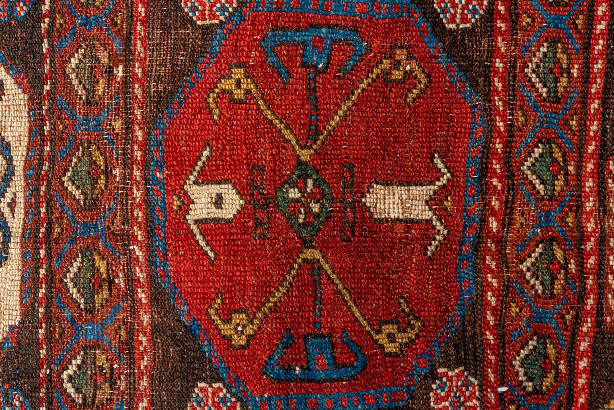 3' x 12' one-of-a-kind handmade vintage Kurd runner rug. Color palette: black, blue, brown, gray, off-white, orange, red