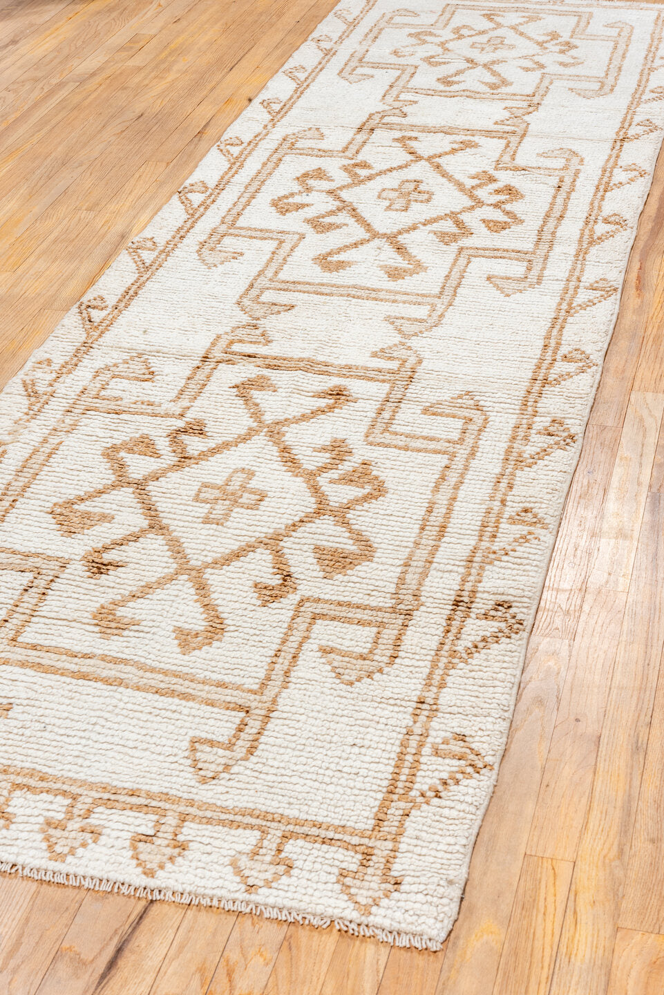 3' x 11' one-of-a-kind handmade vintage Oushak runner rug. Color palette: ivory, tan, camel, beige