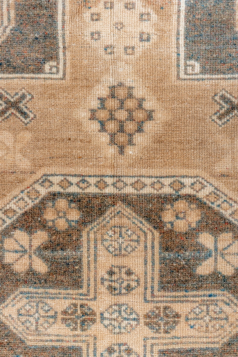 5' x 9' one-of-a-kind handmade vintage Oushak medium size rug. Color palette: camel, taupe, ivory, beige, slate, brown, gray