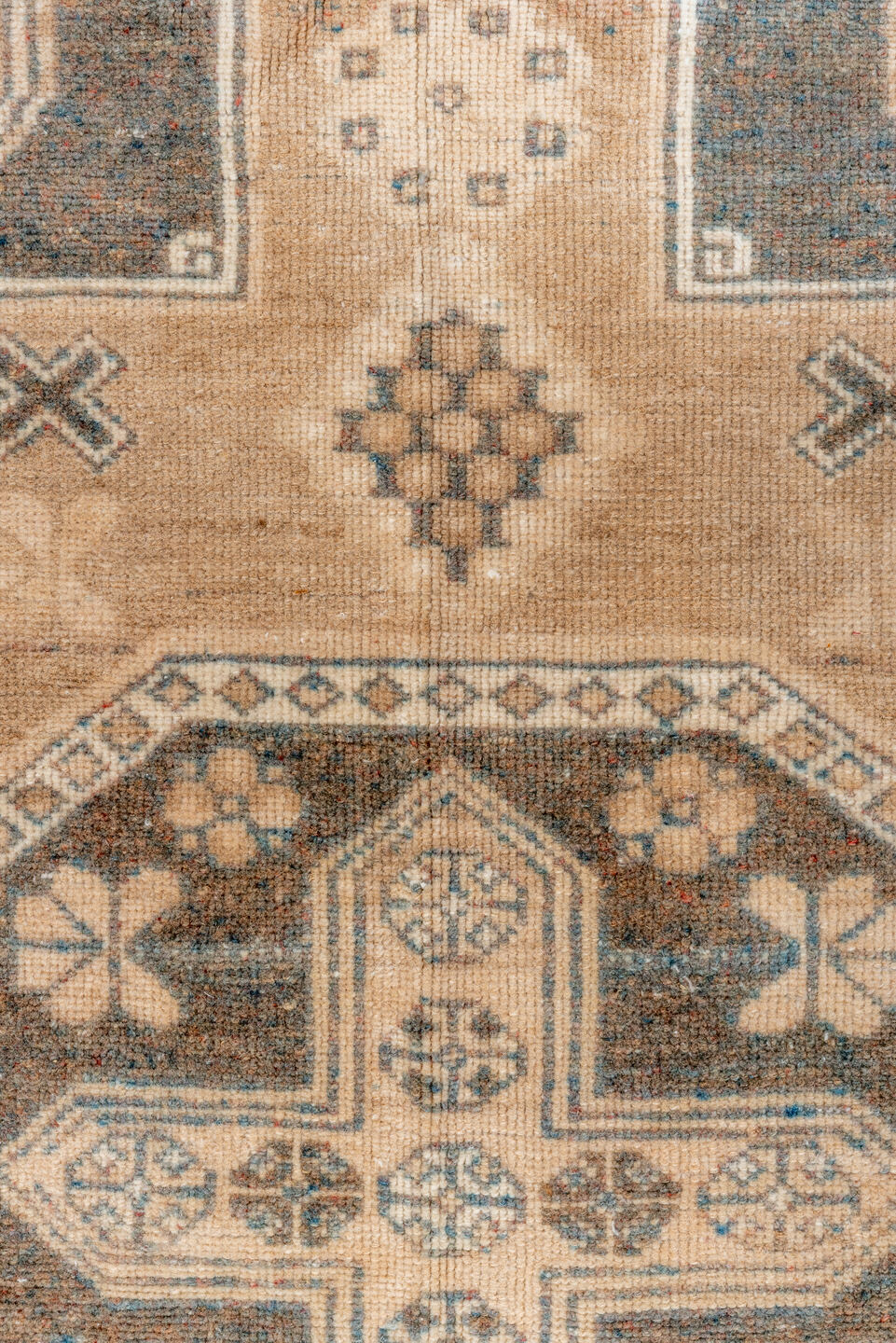 5' x 9' one-of-a-kind handmade vintage Oushak medium size rug. Color palette: camel, taupe, ivory, beige, slate, brown, gray