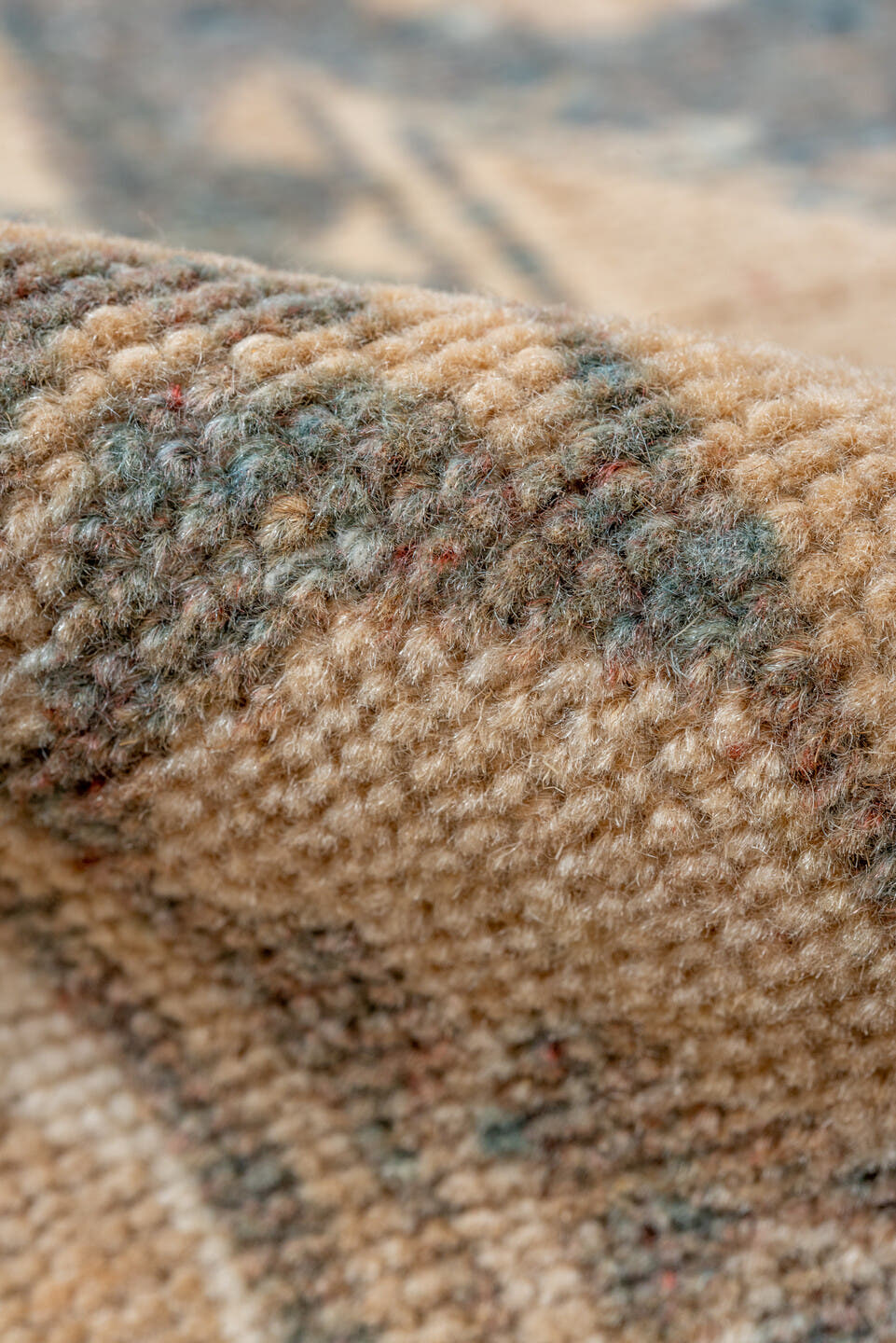 5' x 9' one-of-a-kind handmade vintage Oushak medium size rug. Color palette: camel, taupe, ivory, beige, slate, brown, gray