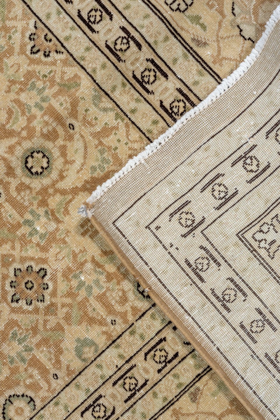8' x 11' one-of-a-kind handmade vintage Tabriz large size rug. Color palette: beige, ivory, camel, taupe, sage, brown, gray