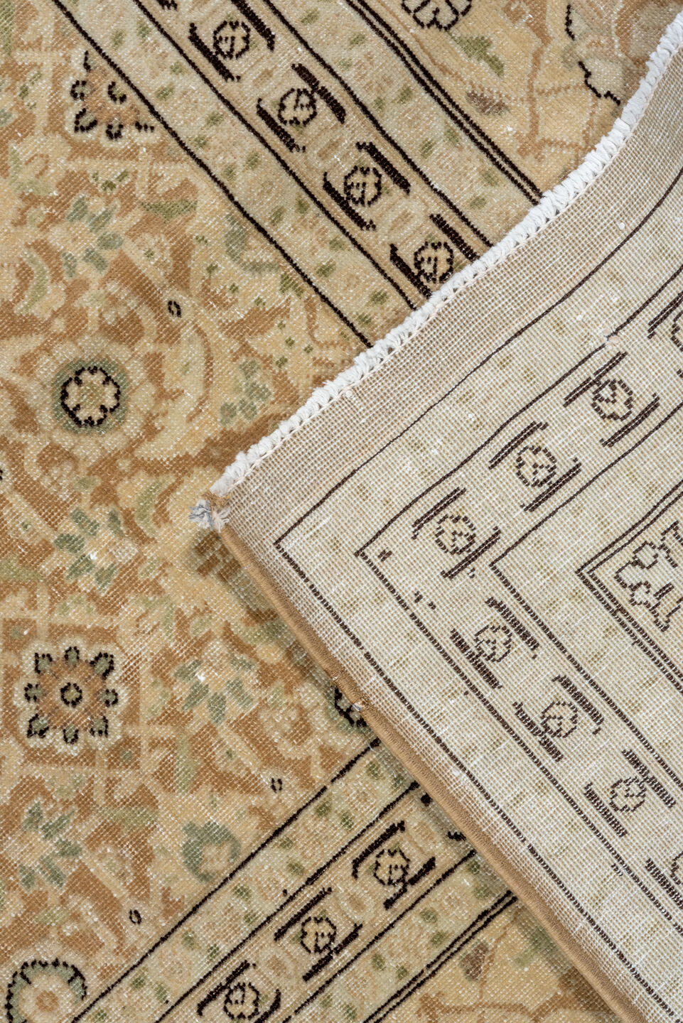 8' x 11' one-of-a-kind handmade vintage Tabriz large size rug. Color palette: beige, ivory, camel, taupe, sage, brown, gray