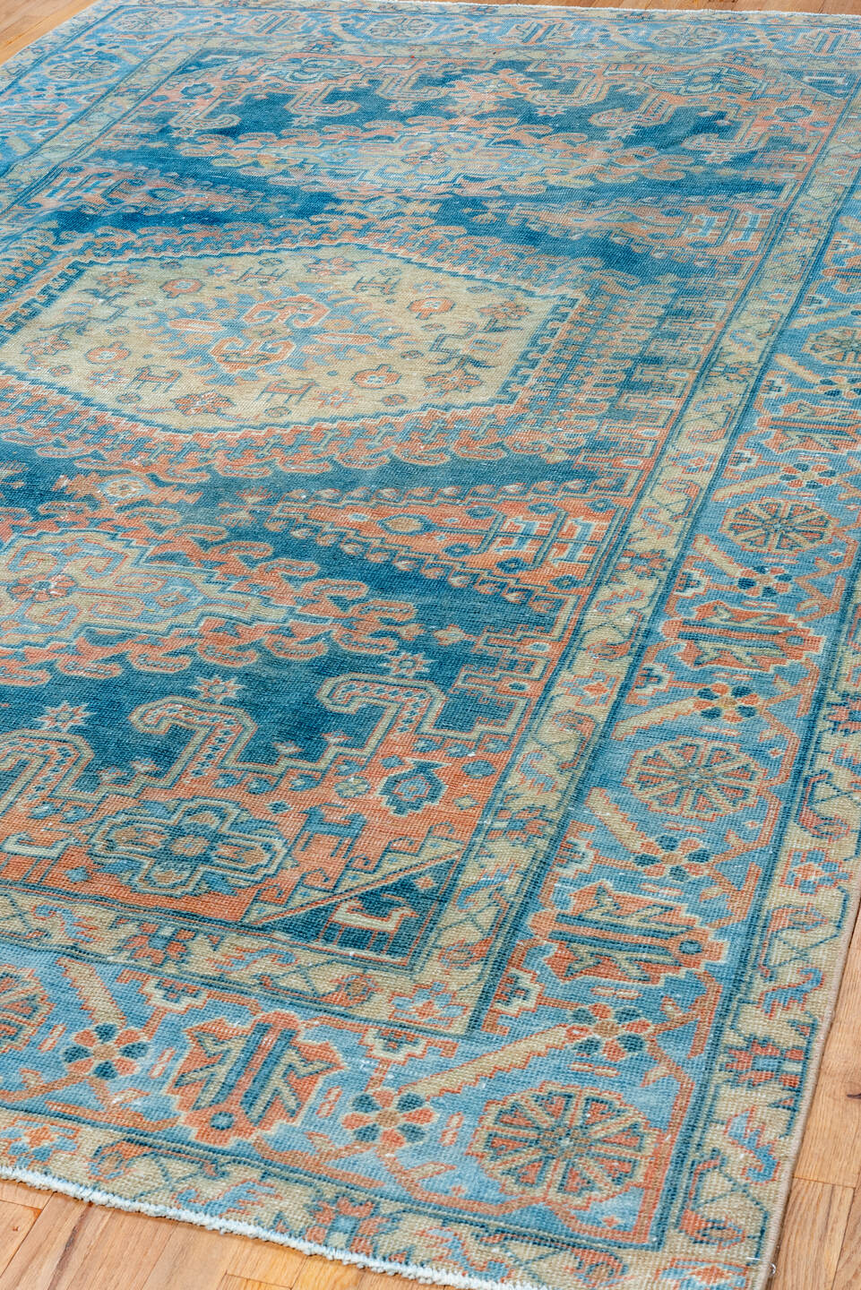 6' x 10' one-of-a-kind handmade vintage Veece large size rug. Color palette: blue, ivory, peach, sky_blue, beige, taupe