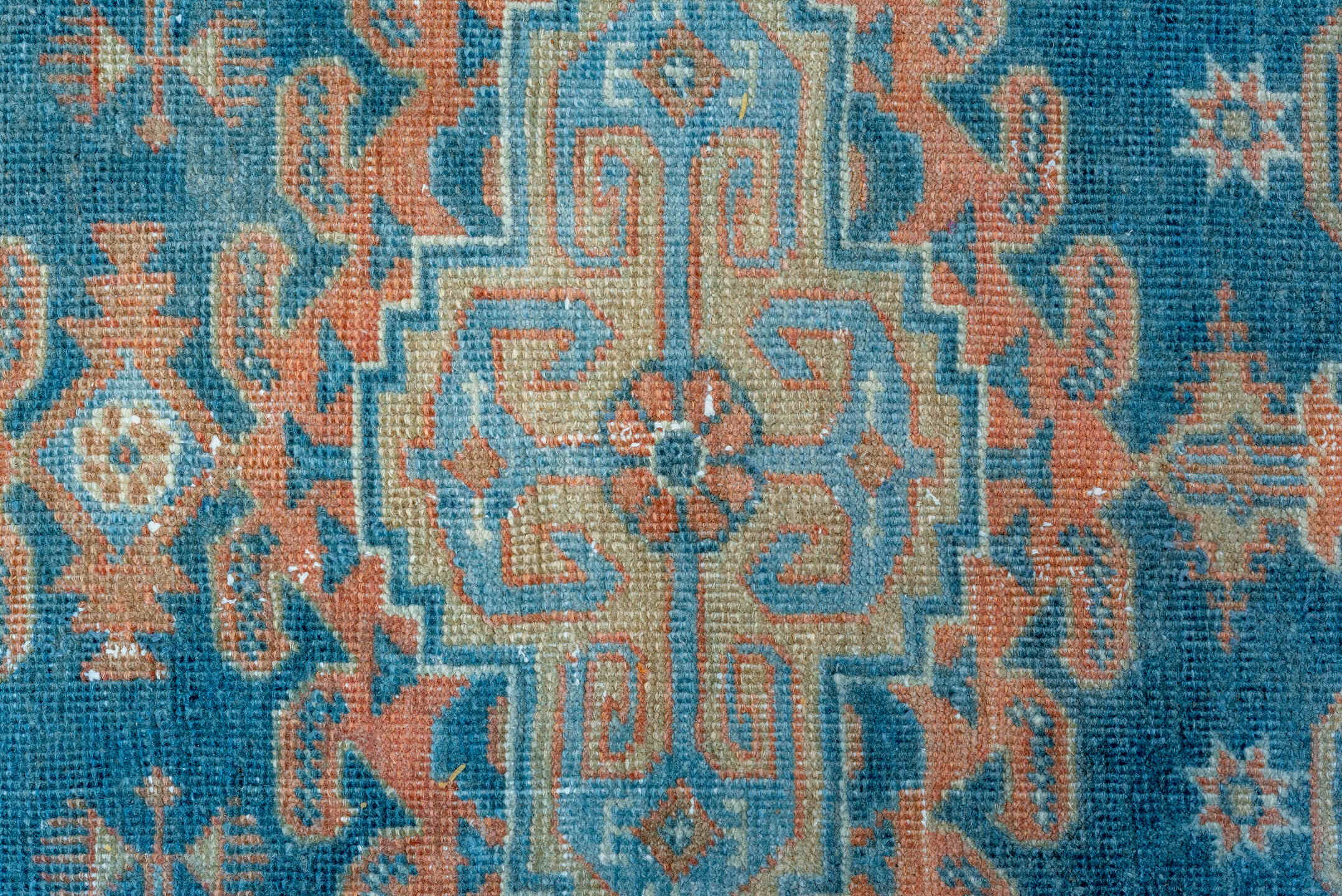6' x 10' one-of-a-kind handmade vintage Veece large size rug. Color palette: blue, ivory, peach, sky_blue, beige, taupe