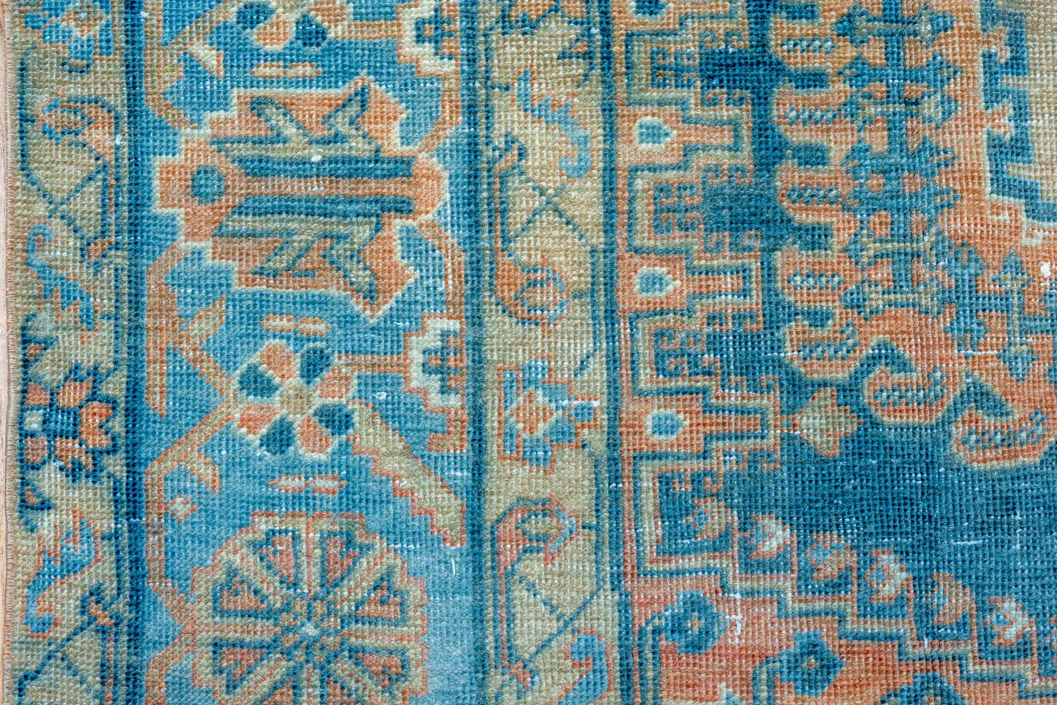 6' x 10' one-of-a-kind handmade vintage Veece large size rug. Color palette: blue, brown, gray, light blue, light gray