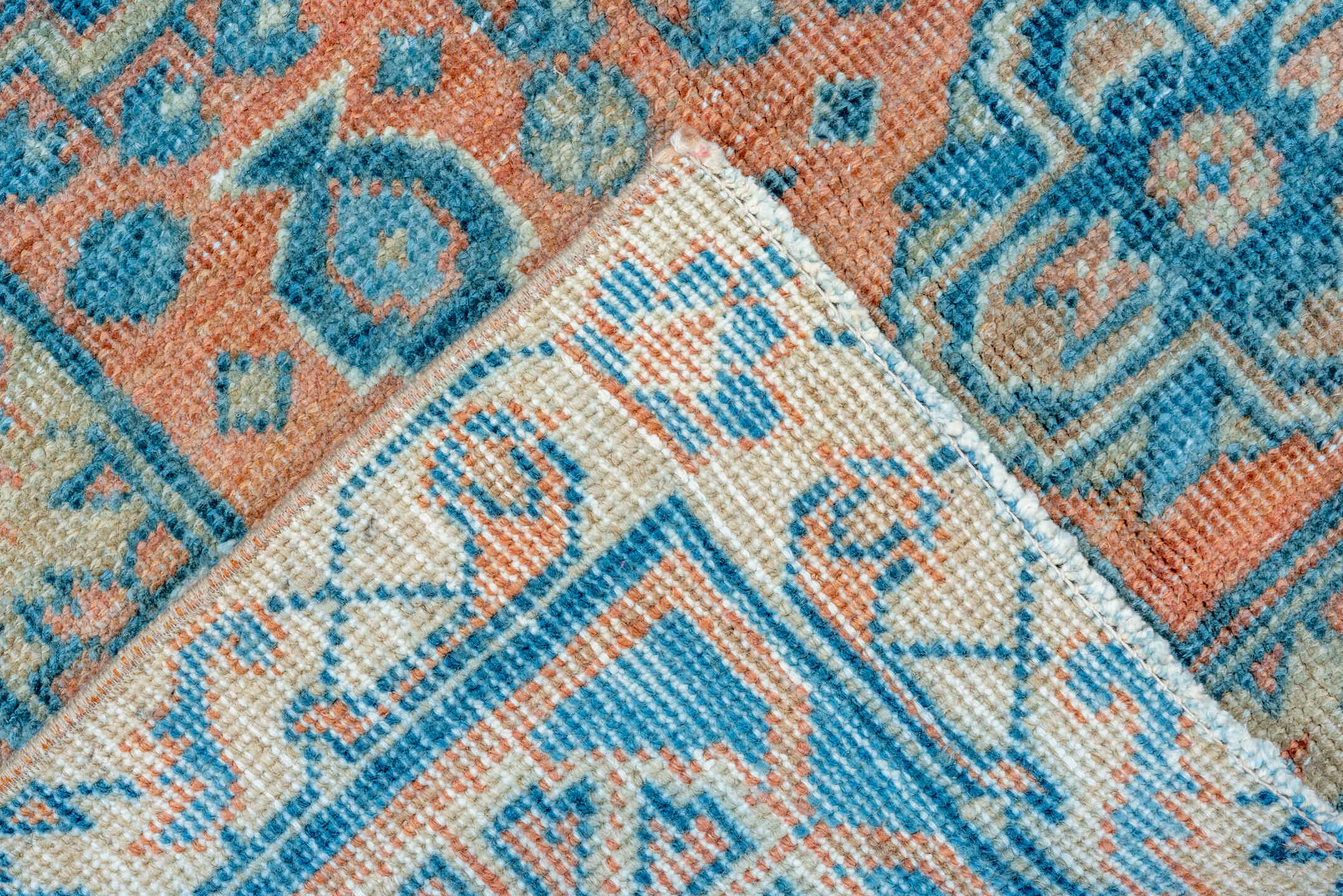 6' x 10' one-of-a-kind handmade vintage Veece large size rug. Color palette: blue, ivory, peach, sky_blue, beige, taupe