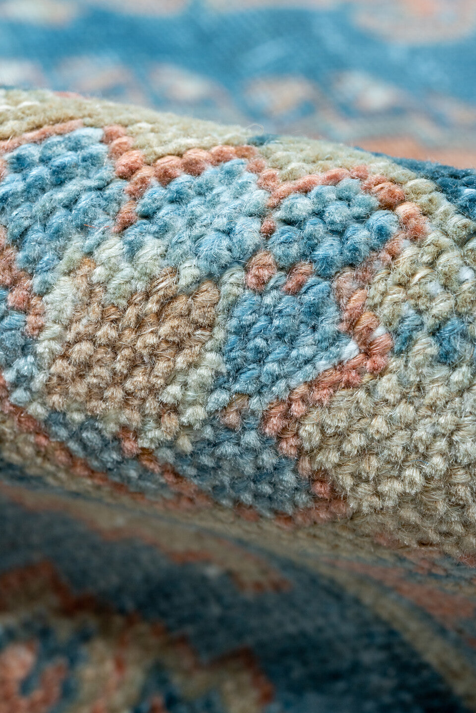 6' x 10' one-of-a-kind handmade vintage Veece large size rug. Color palette: blue, ivory, peach, sky_blue, beige, taupe