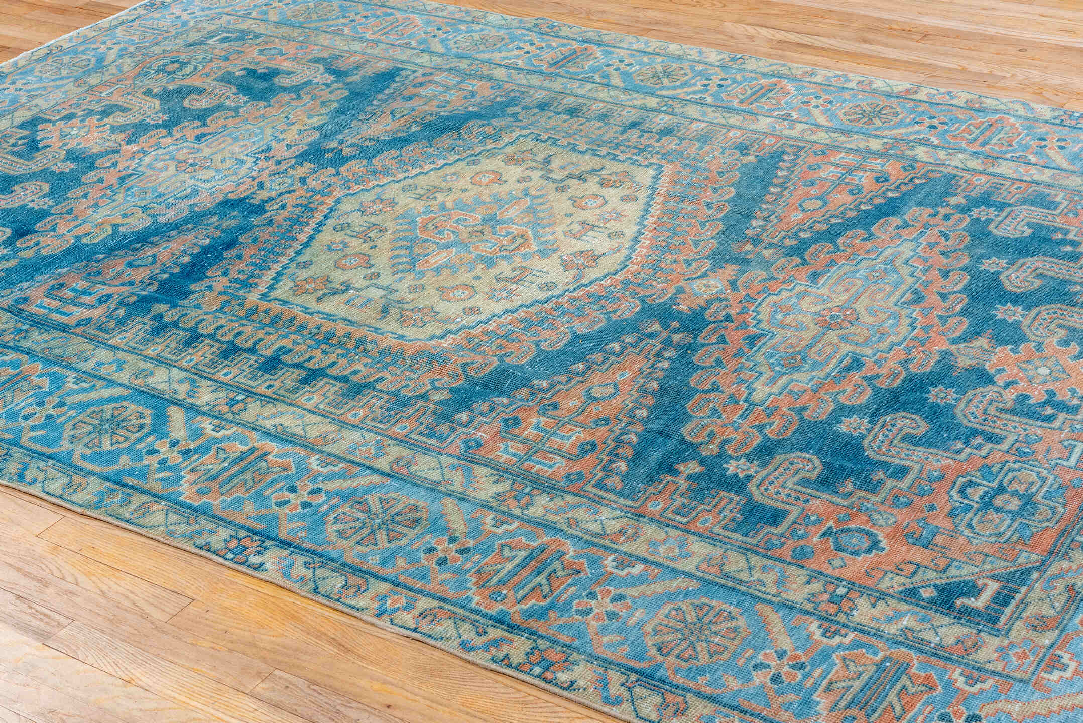 6' x 10' one-of-a-kind handmade vintage Veece large size rug. Color palette: blue, ivory, peach, sky_blue, beige, taupe