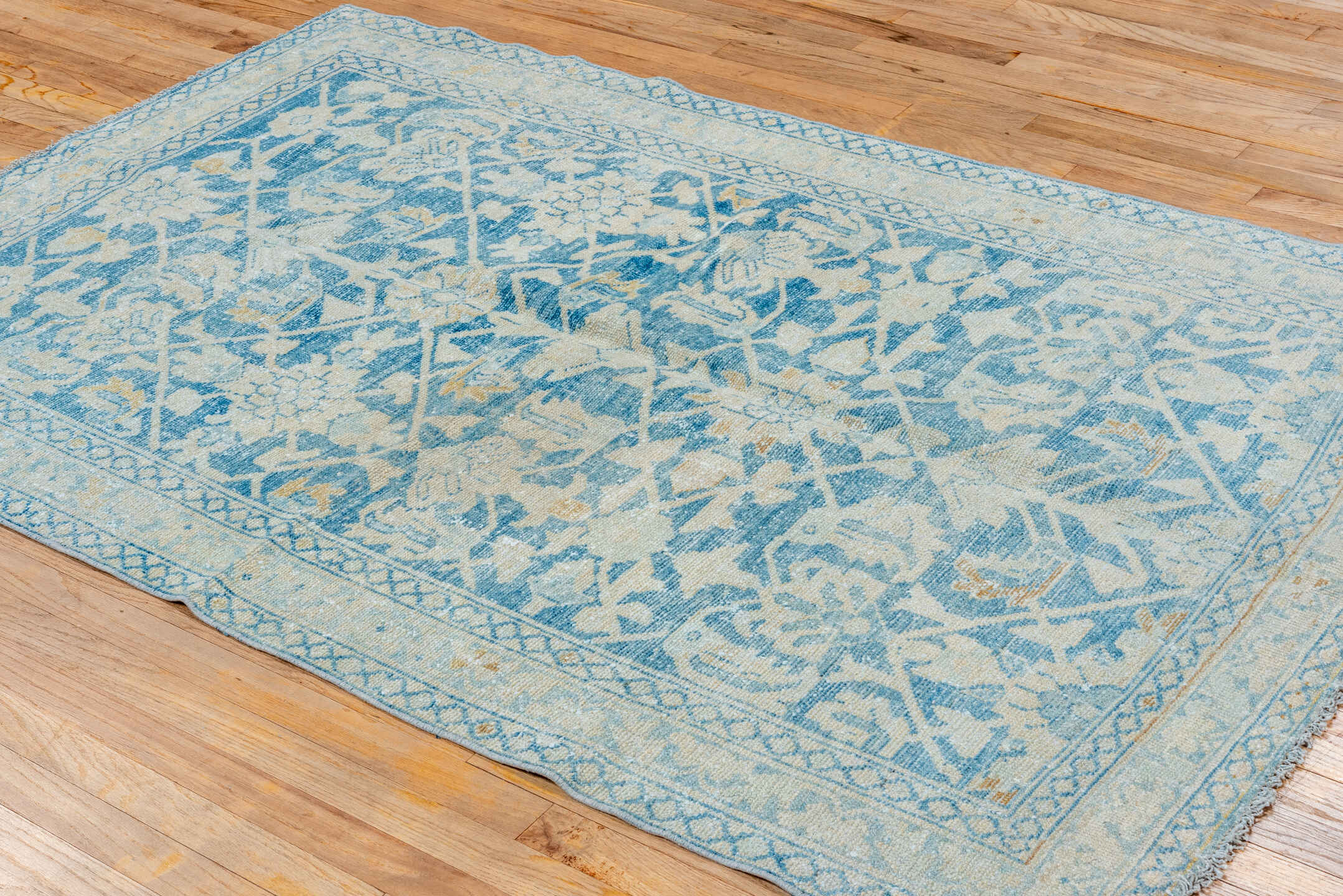 4' x 6' one-of-a-kind handmade vintage Malayer small size rug. Color palette: ivory, sky blue, pale blue, beige, camel