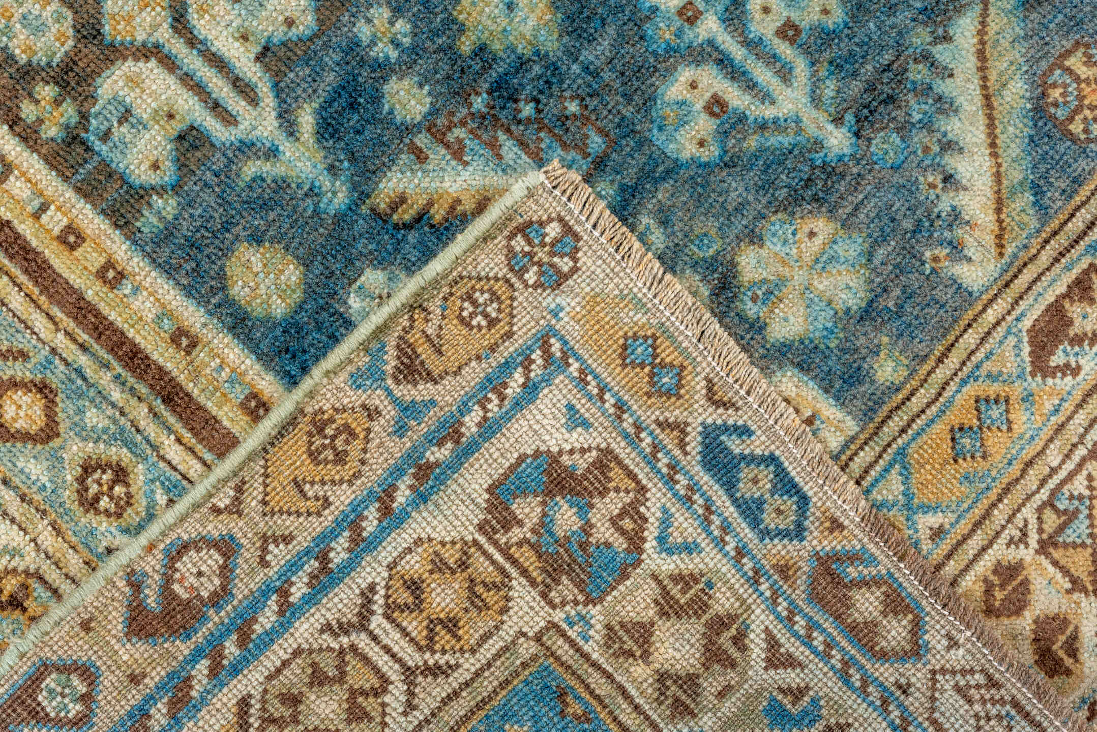 4' x 5' one-of-a-kind handmade vintage Shiraz small size rug. Color palette: blue, ivory, camel, brown, sky blue, taupe