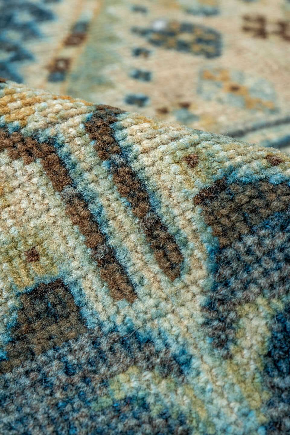 4' x 5' one-of-a-kind handmade vintage Shiraz small size rug. Color palette: blue, ivory, camel, brown, sky blue, taupe
