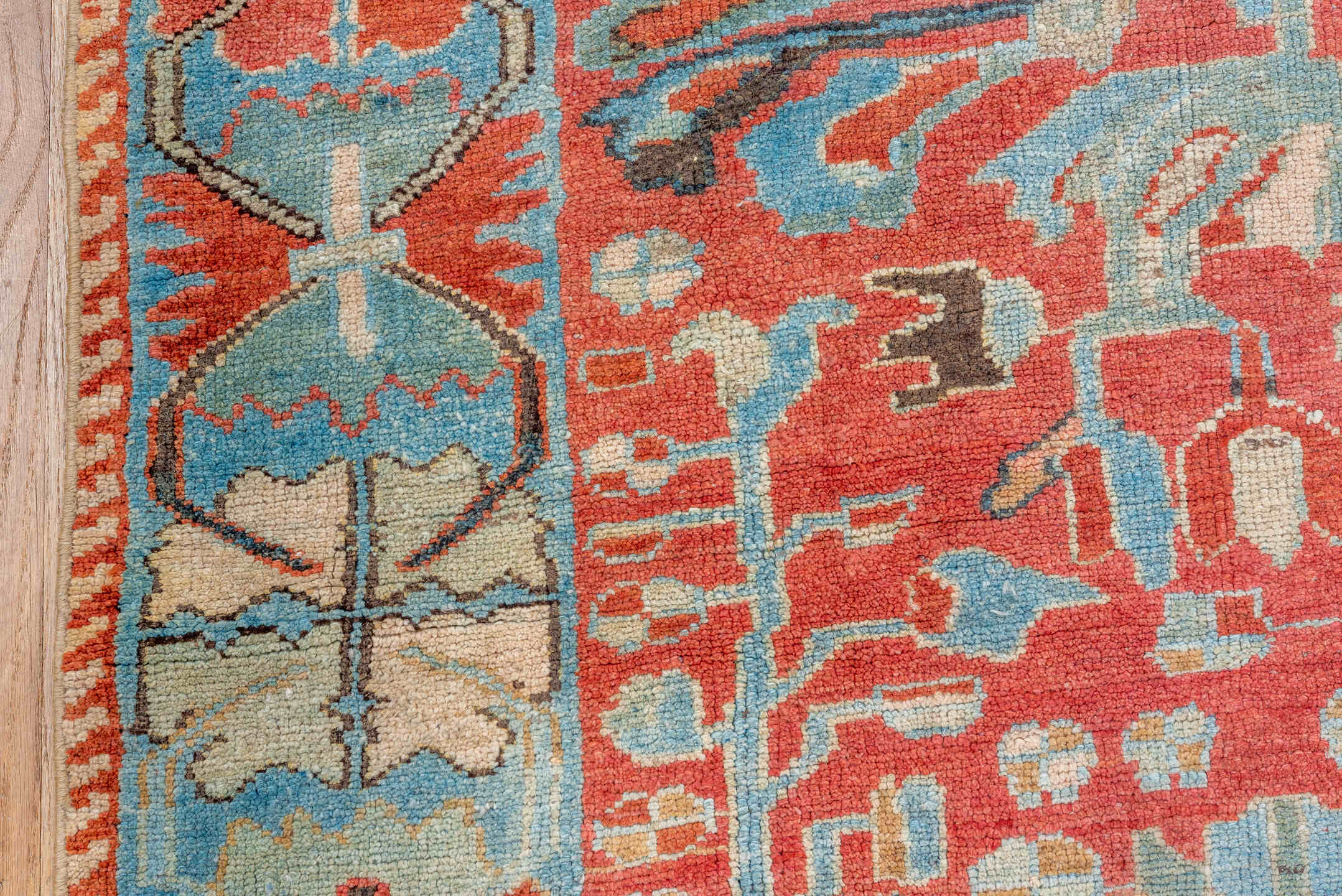 5' x 9' one-of-a-kind handmade vintage Lilian medium size rug. Color palette: coral, sky blue, ivory, taupe, rust, brown