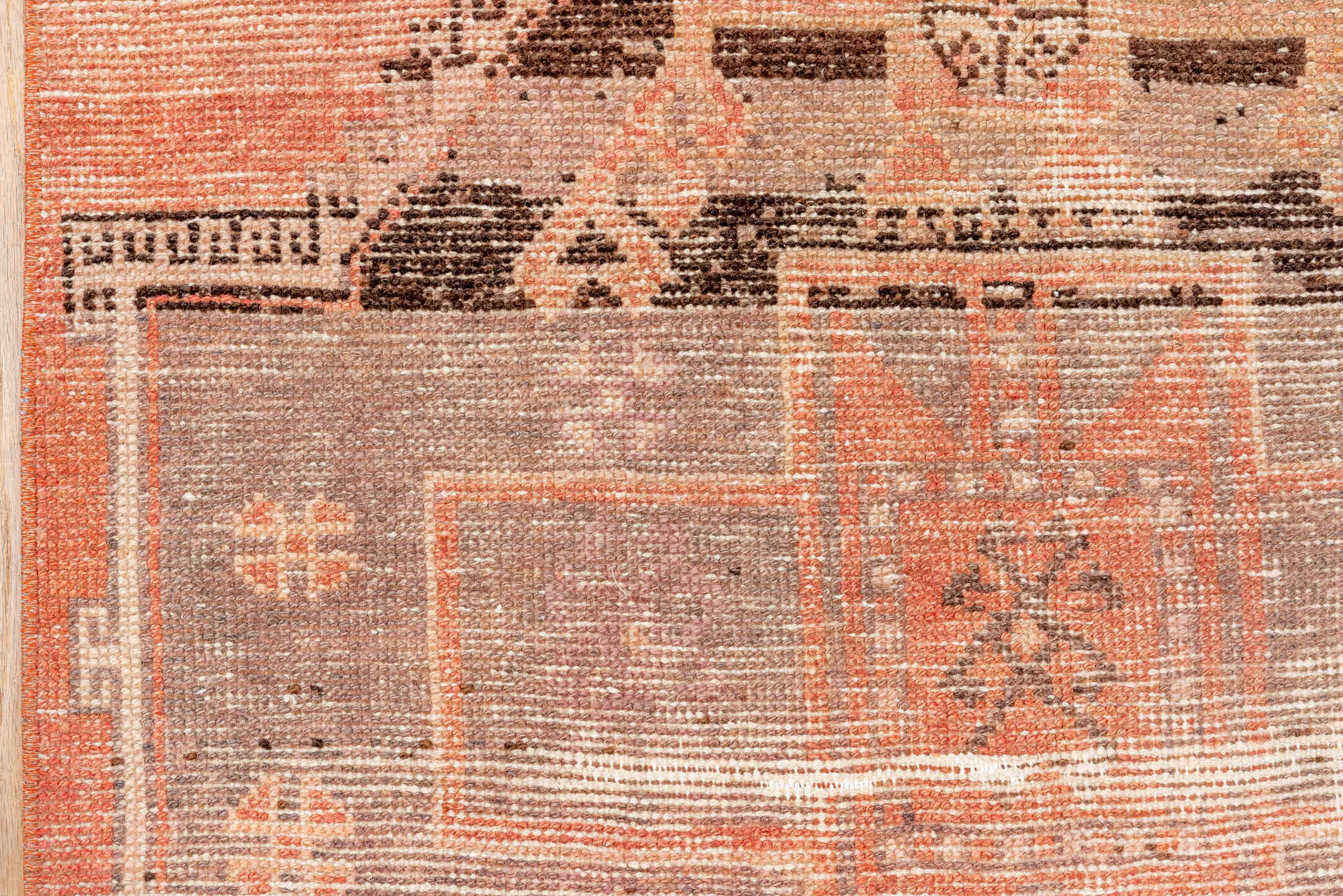 3' x 8' one-of-a-kind handmade vintage Oushak runner rug. Color palette: brown, off-white, orange, pink, red