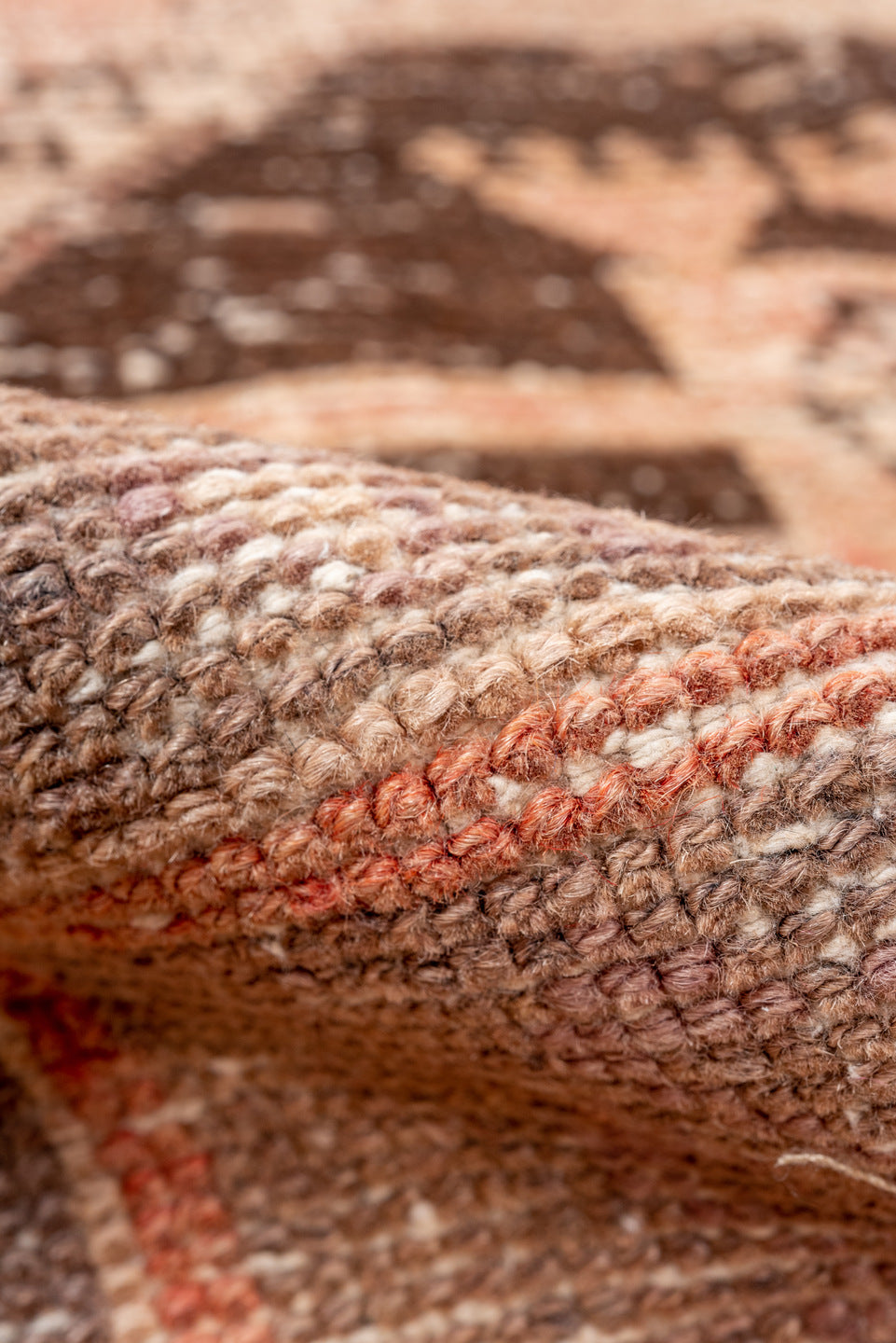 3' x 8' one-of-a-kind handmade vintage Oushak runner rug. Color palette: brown, off-white, orange, pink, red