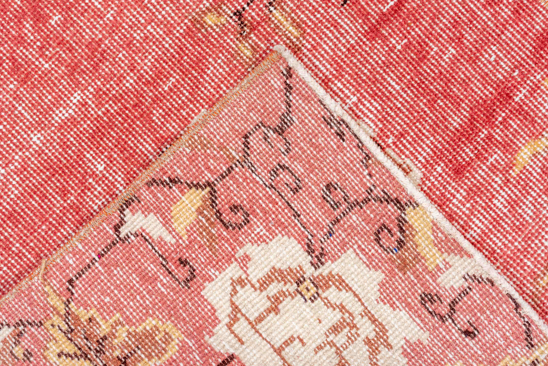 2' x 8' one-of-a-kind handmade vintage Oushak runner rug. Color palette: brown, off-white, orange, pink, red, redwood