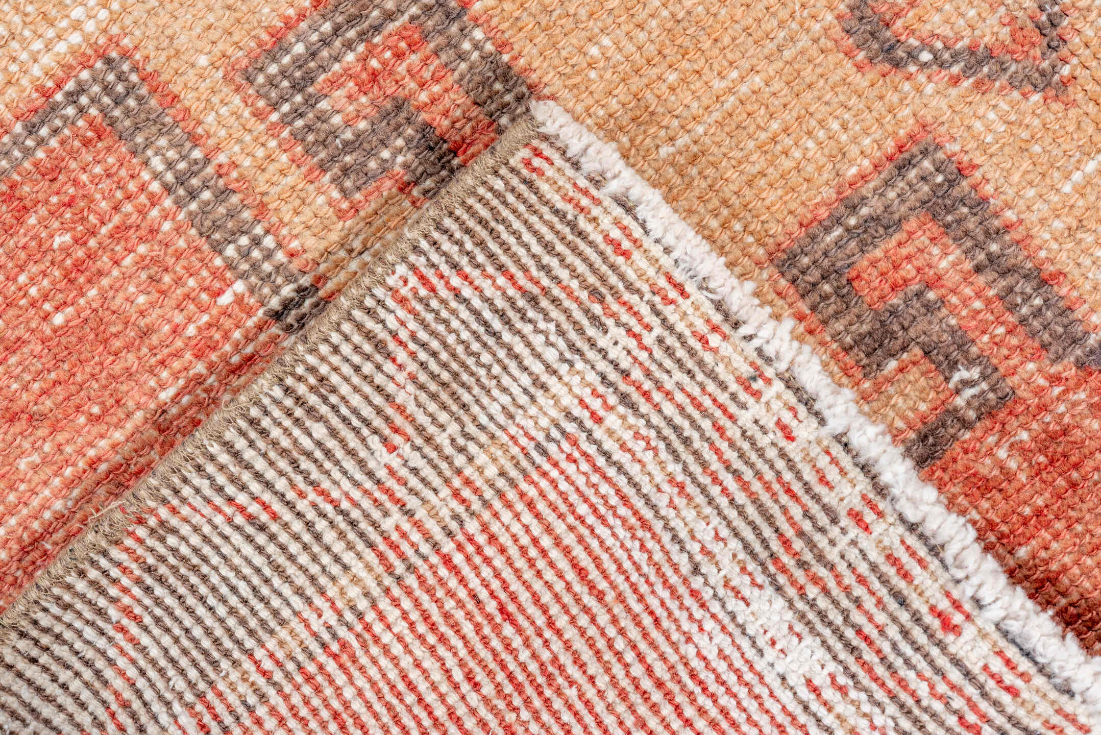 3' x 10' one-of-a-kind handmade vintage Oushak runner rug. Color palette: brown, off-white, orange, pink