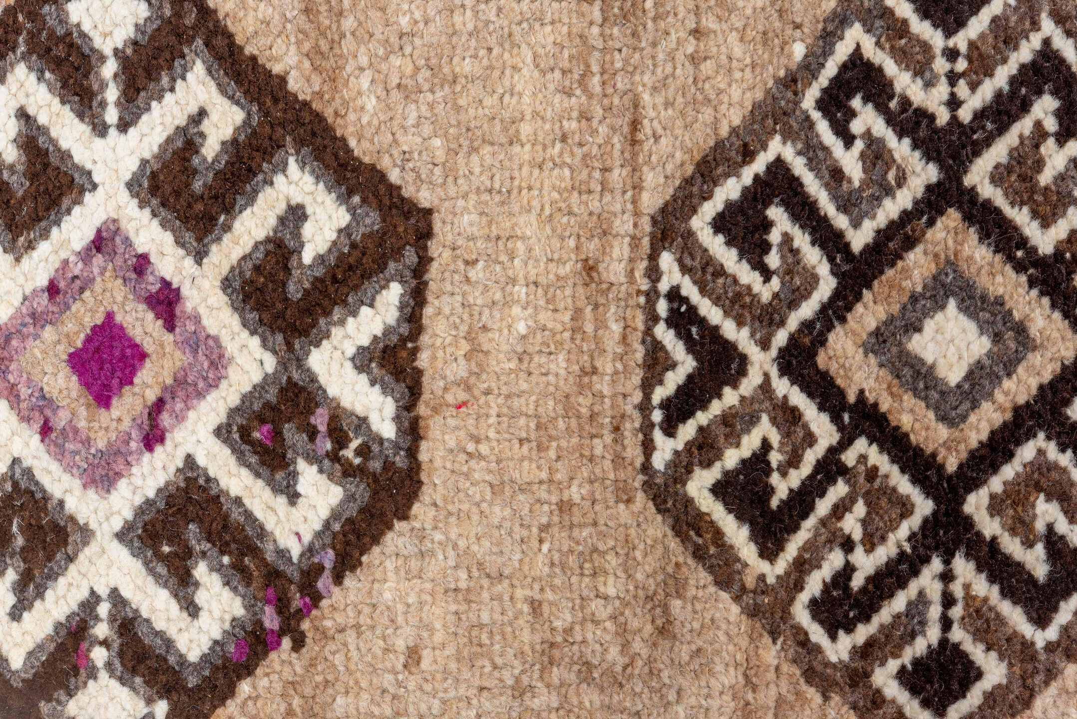 2' x 11' one-of-a-kind handmade vintage Kars runner rug. Color palette: brown, gray, light gray, off-white, pink, snow