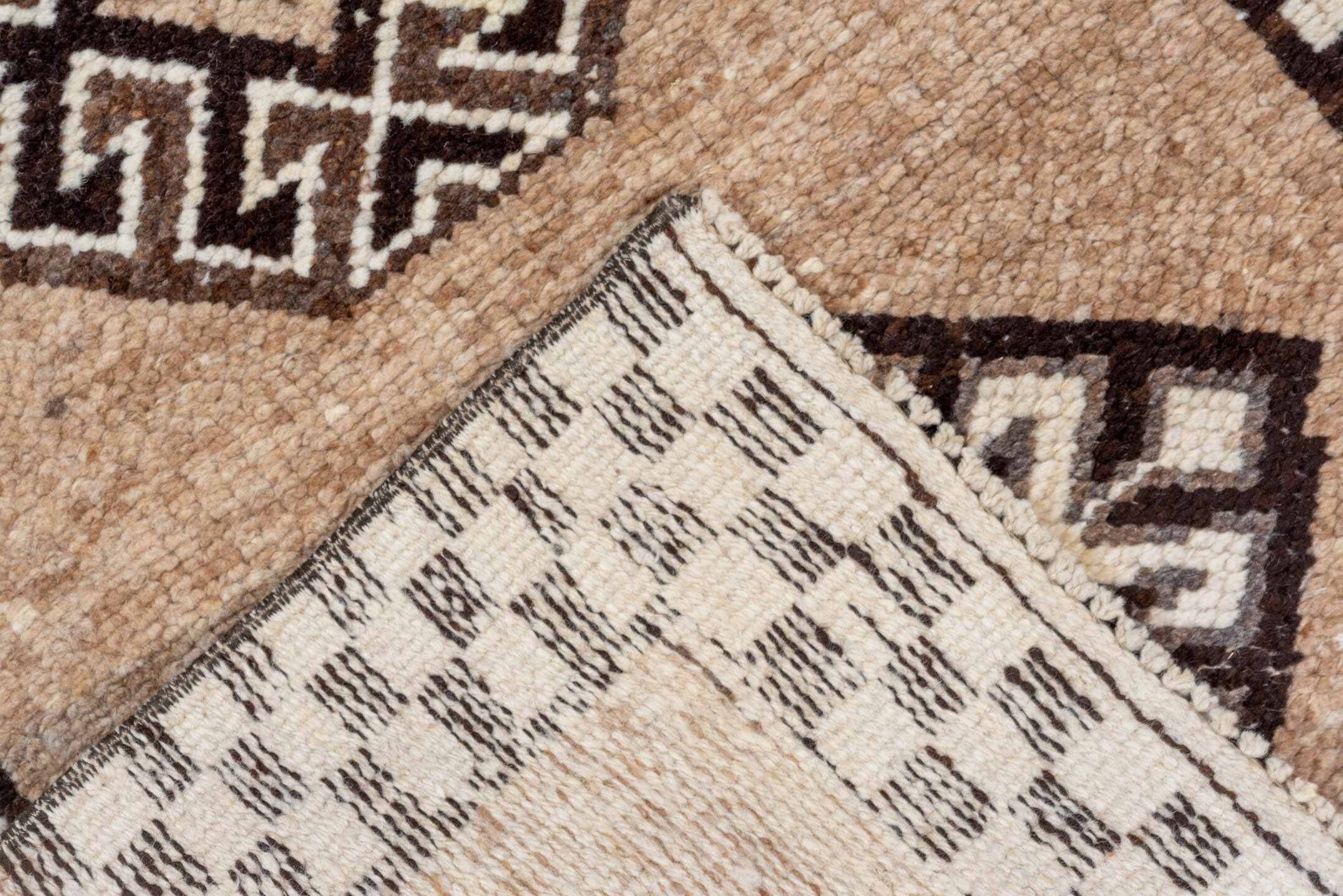 2' x 11' one-of-a-kind handmade vintage Kars runner rug. Color palette: camel, brown, ivory, taupe, violet, beige, gray