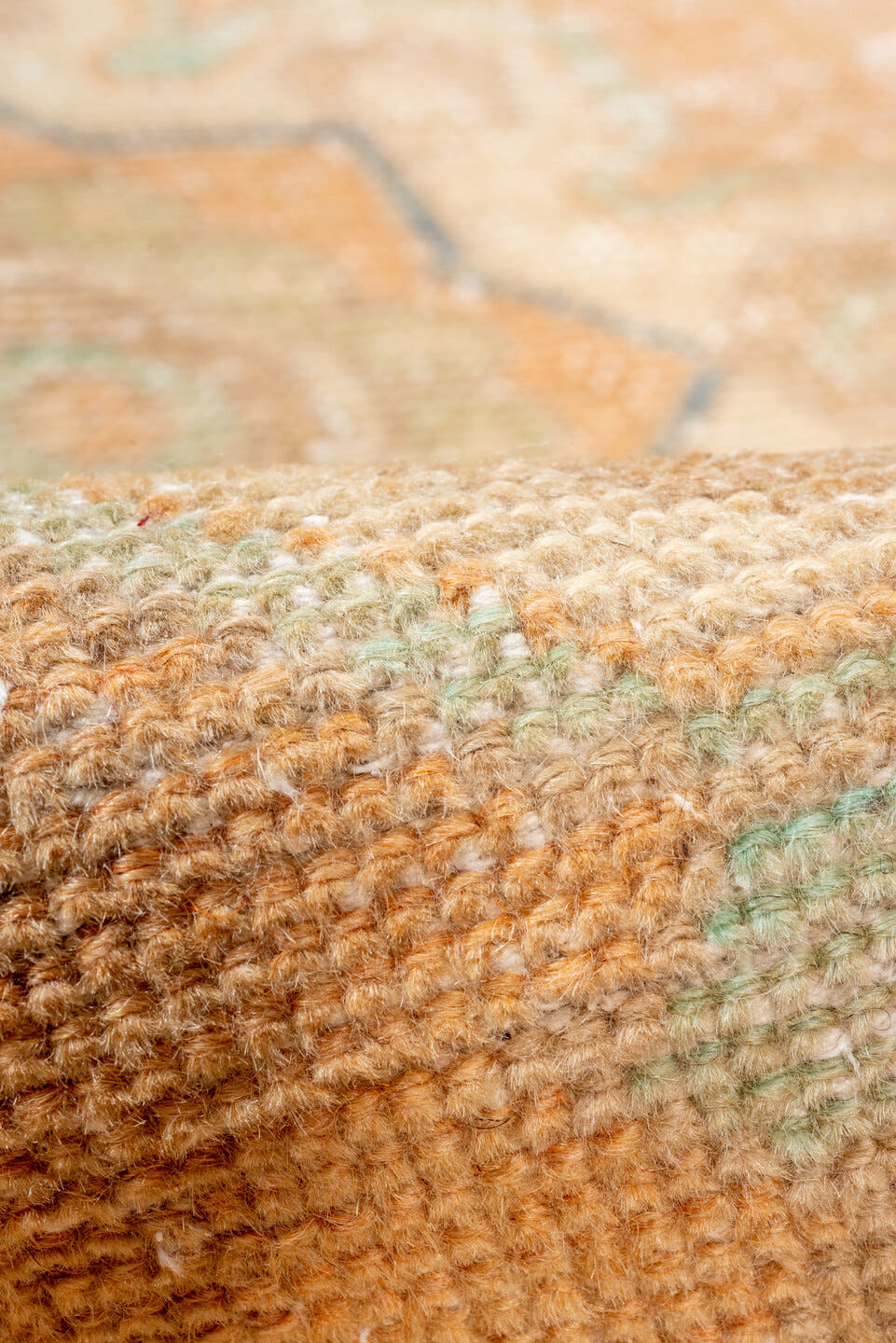 2' x 8' one-of-a-kind handmade vintage Oushak runner rug. Color palette: apricot, ivory, slate blue, beige, peach, taupe