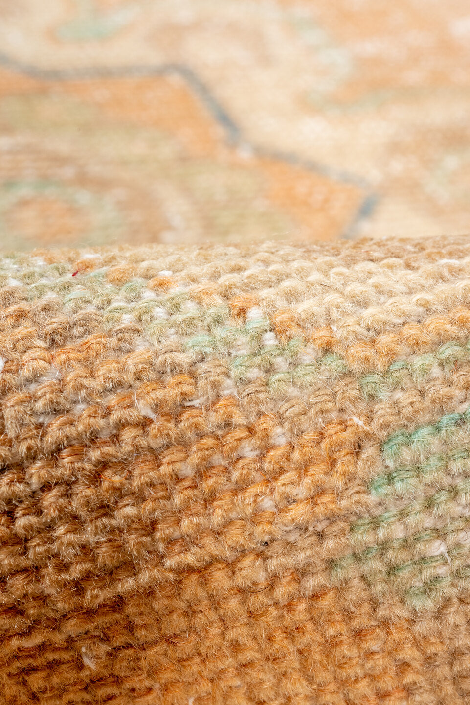 2' x 8' one-of-a-kind handmade vintage Oushak runner rug. Color palette: apricot, ivory, slate blue, beige, peach, taupe