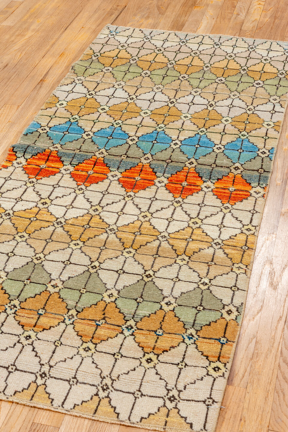 2' x 6' one-of-a-kind handmade vintage Oushak runner rug. Color palette: ivory, camel, sage, sky_blue, slate, saffron