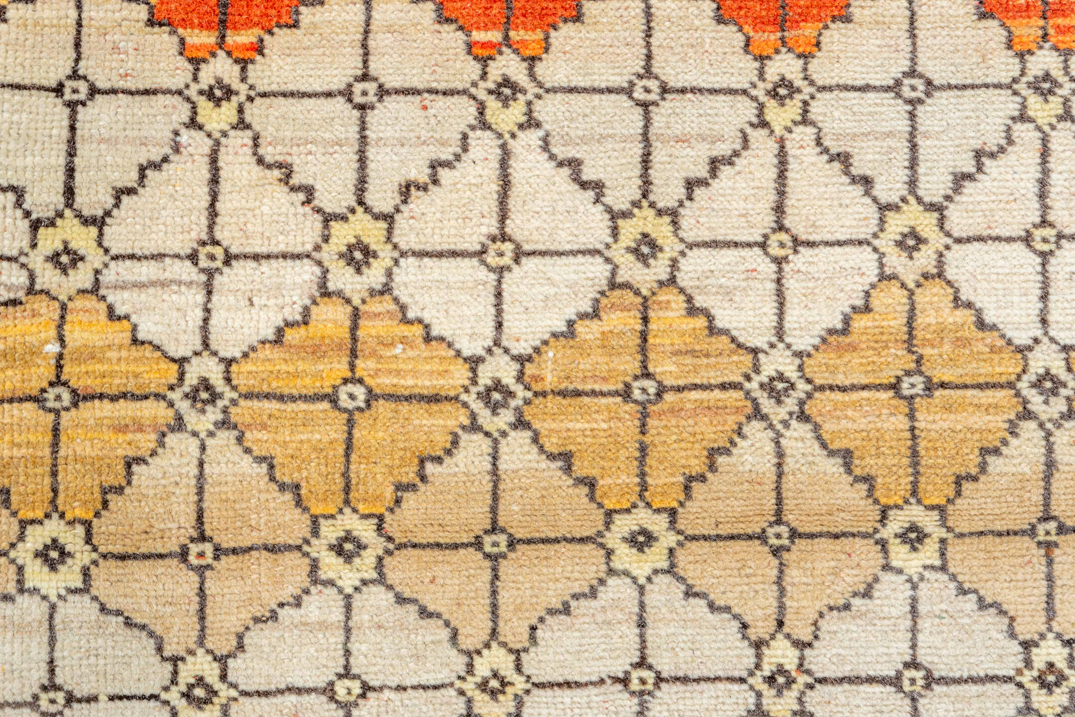 2' x 6' one-of-a-kind handmade vintage Oushak runner rug. Color palette: ivory, camel, sage, sky_blue, slate, saffron