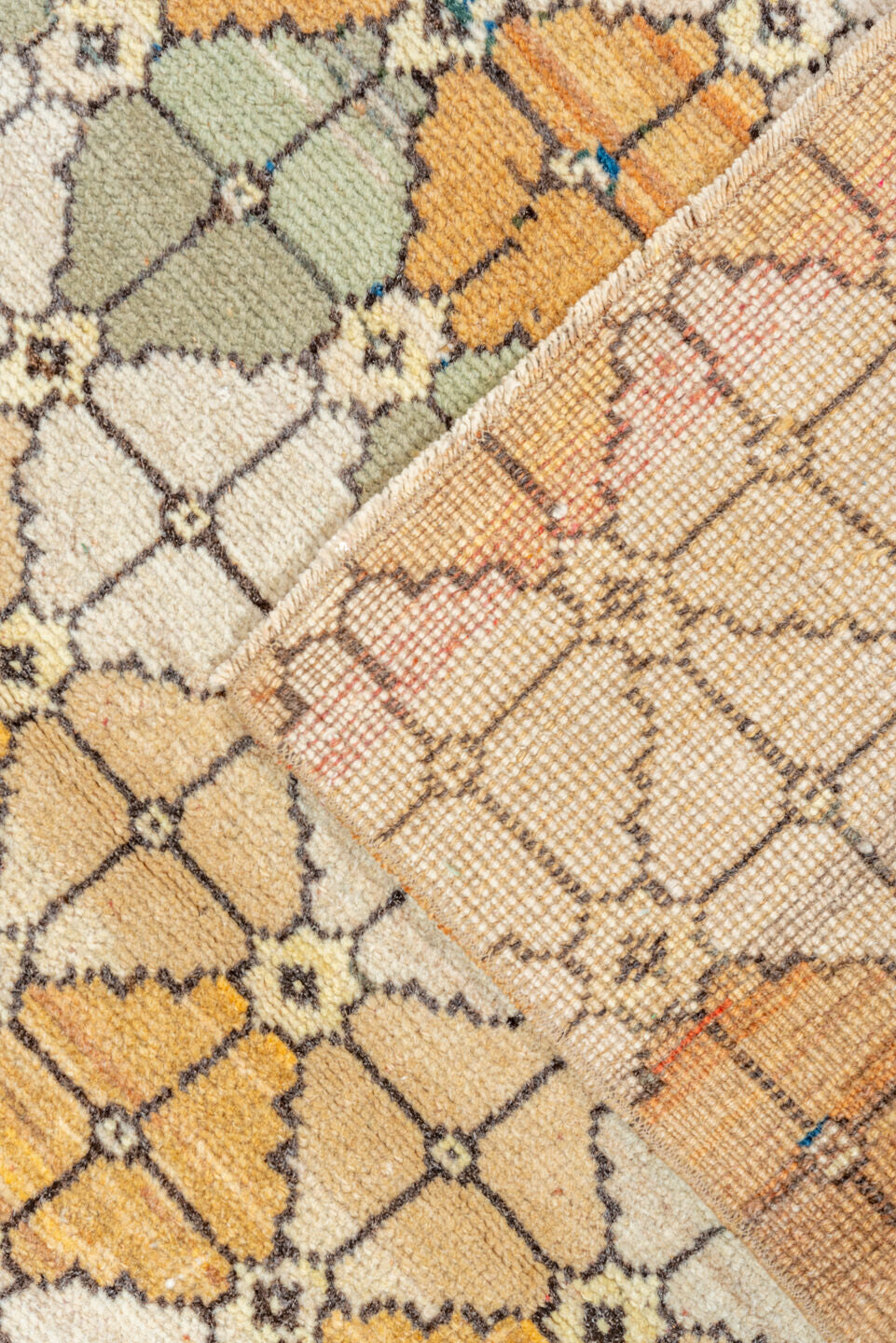2' x 6' one-of-a-kind handmade vintage Oushak runner rug. Color palette: ivory, camel, sage, sky_blue, slate, saffron