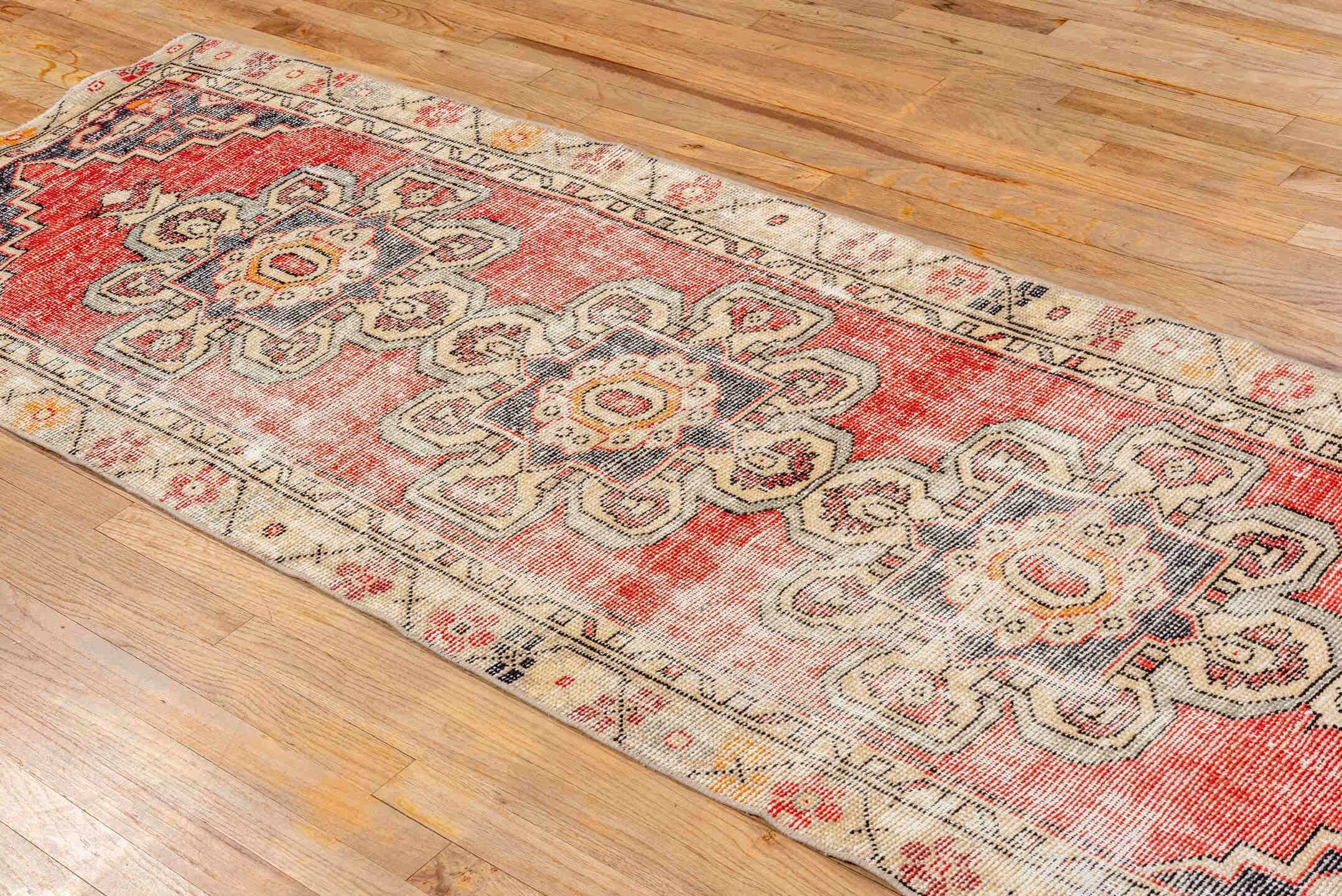 2' x 8' one-of-a-kind handmade vintage Oushak runner rug. Color palette: coral, ivory, charcoal, taupe, terracotta, gold