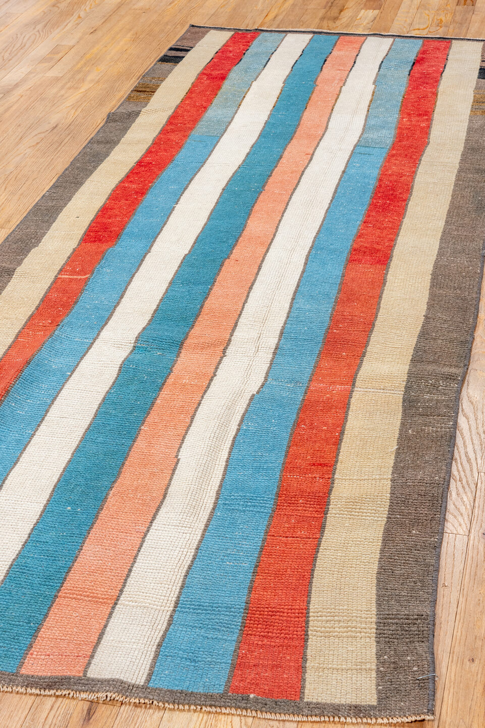 3' x 8' one-of-a-kind handmade vintage Tulu runner rug. Color palette: antiquewhite, brown, gray, light blue, off-white