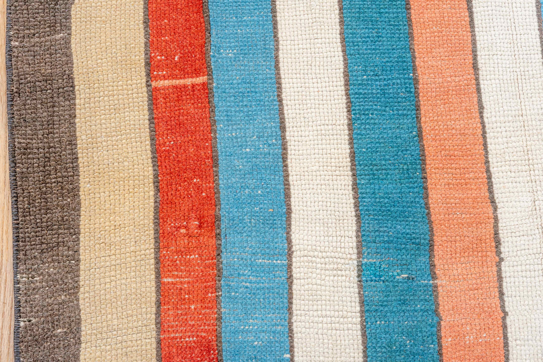 3' x 8' one-of-a-kind handmade vintage Tulu runner rug. Color palette: antiquewhite, brown, gray, light blue, off-white