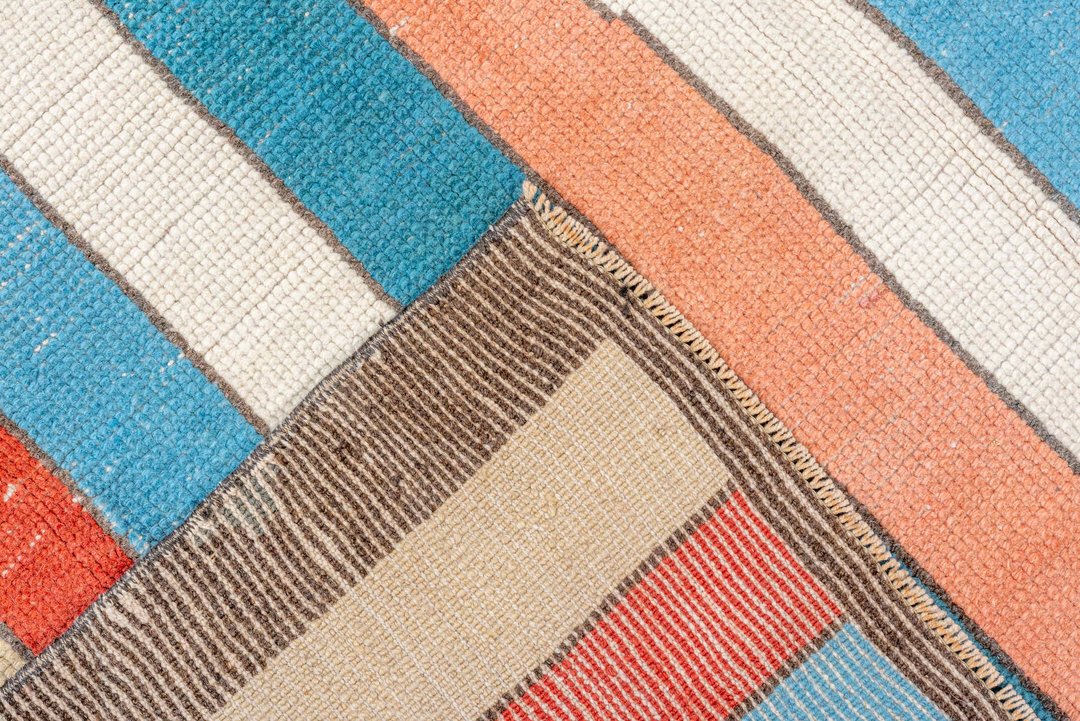 3' x 8' one-of-a-kind handmade vintage Tulu runner rug. Color palette: antiquewhite, brown, gray, light blue, off-white