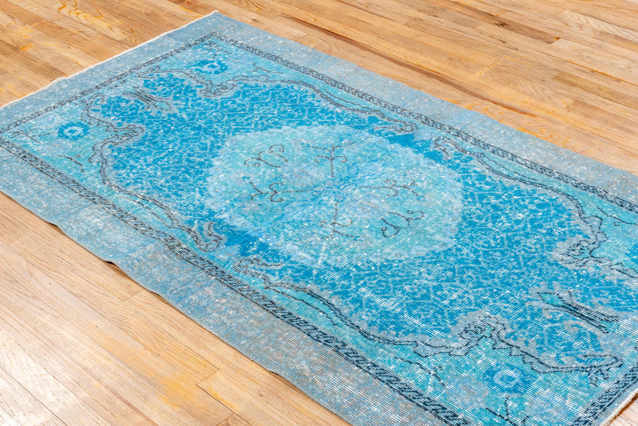 3' x 6' one-of-a-kind handmade vintage Overdyed small size rug. Color palette: aqua, sky_blue, ivory, charcoal, slate, teal