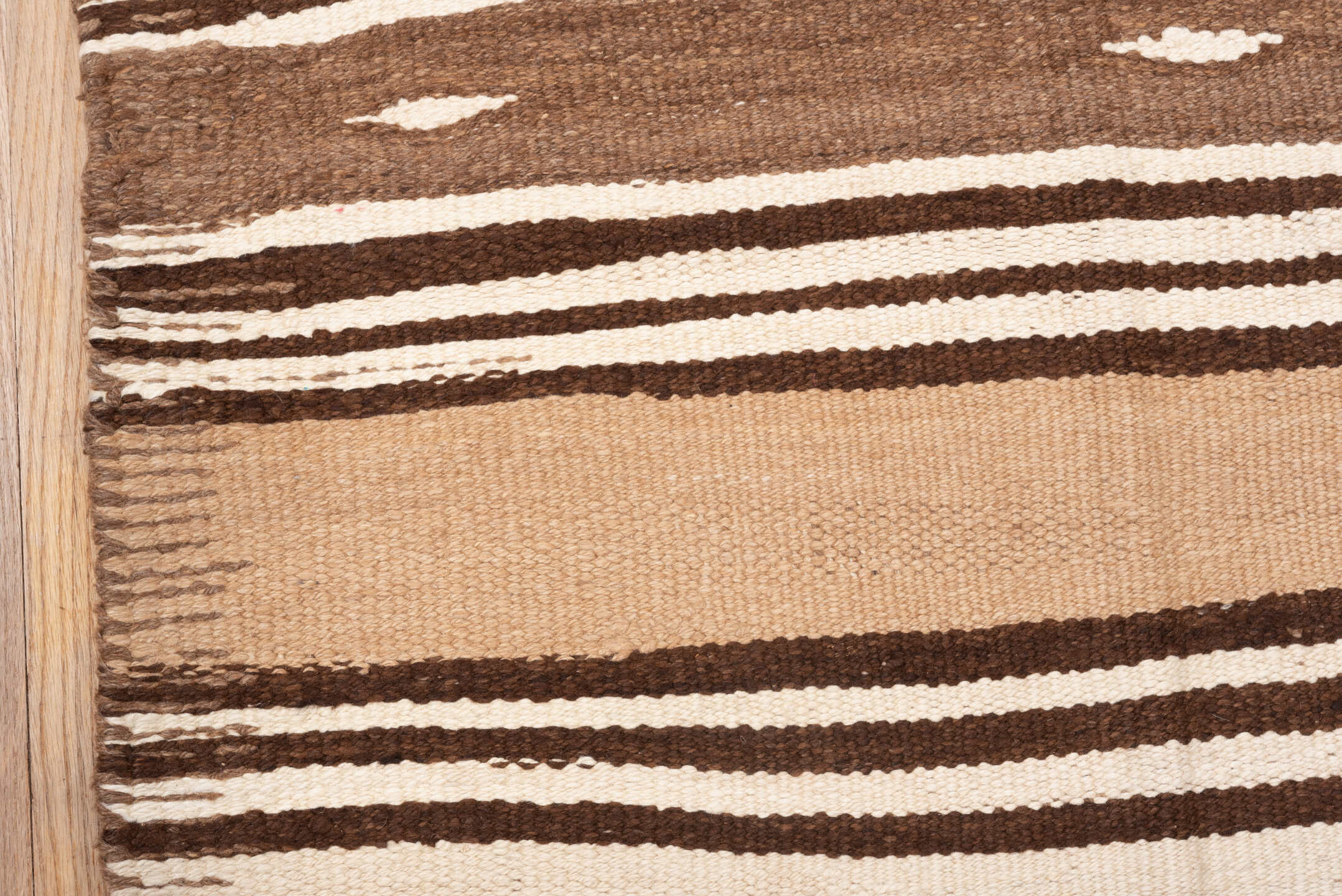 2' x 10' one-of-a-kind handmade vintage Kilim runner rug. Color palette: brown, ivory, camel, taupe, beige, gray