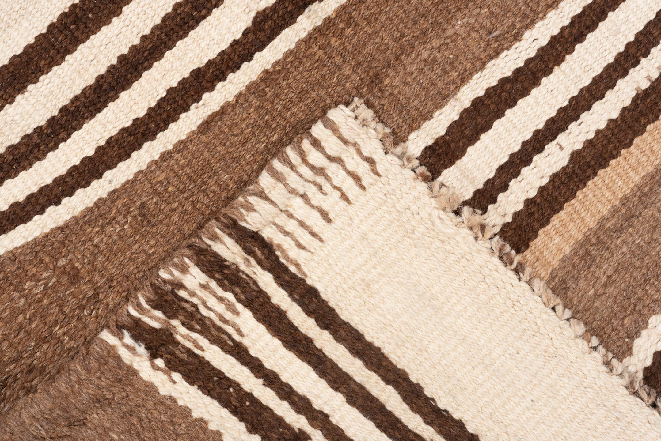 2' x 10' one-of-a-kind handmade vintage Kilim runner rug. Color palette: brown, ivory, camel, taupe, beige, gray