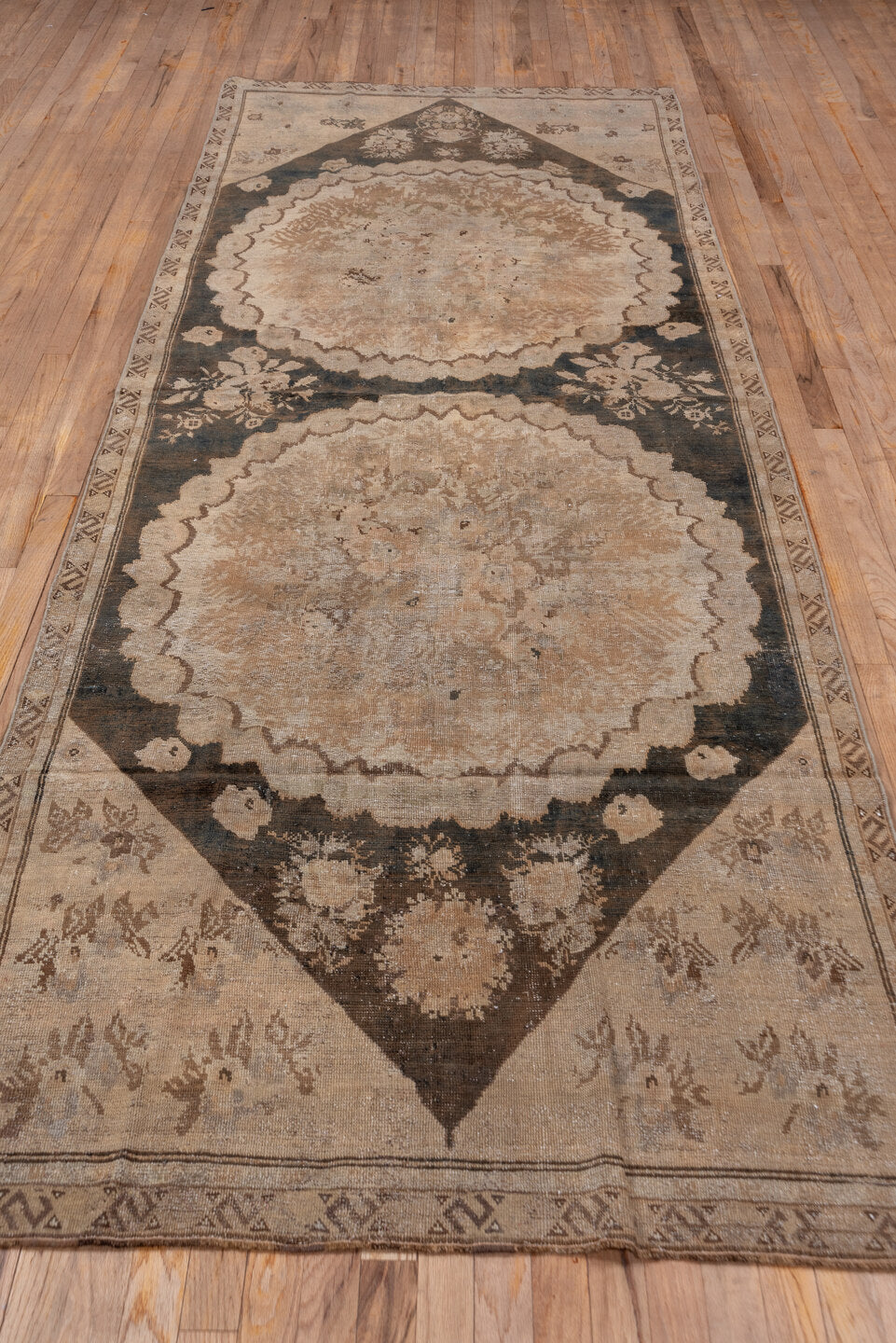 4' x 11' one-of-a-kind handmade vintage Karabagh runner rug. Color palette: taupe, ivory, charcoal, beige, brown, gray
