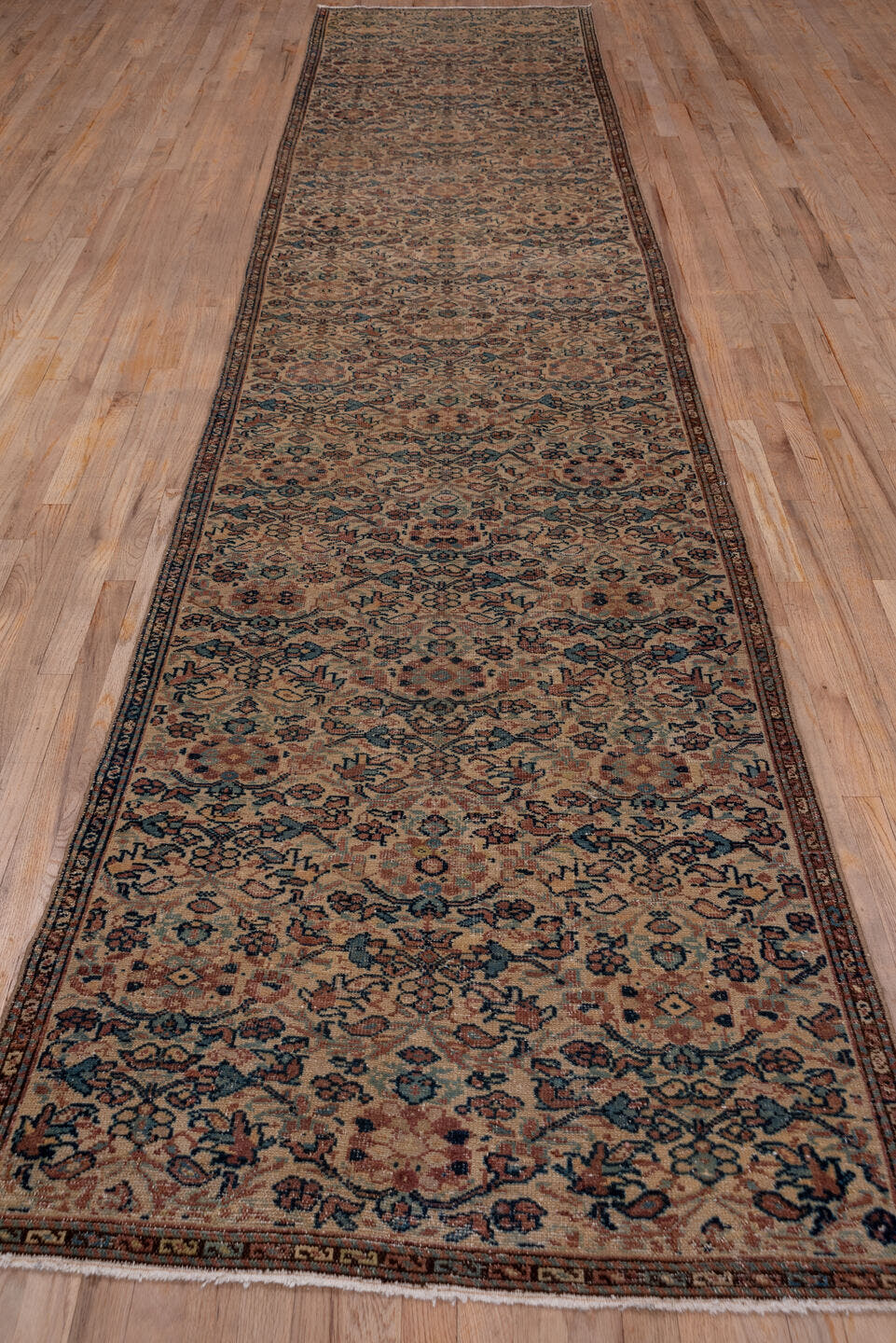 3' x 16' one-of-a-kind handmade antique Sivas runner rug. Color palette: beige, navy, rose, taupe, camel, rust, ivory, blue