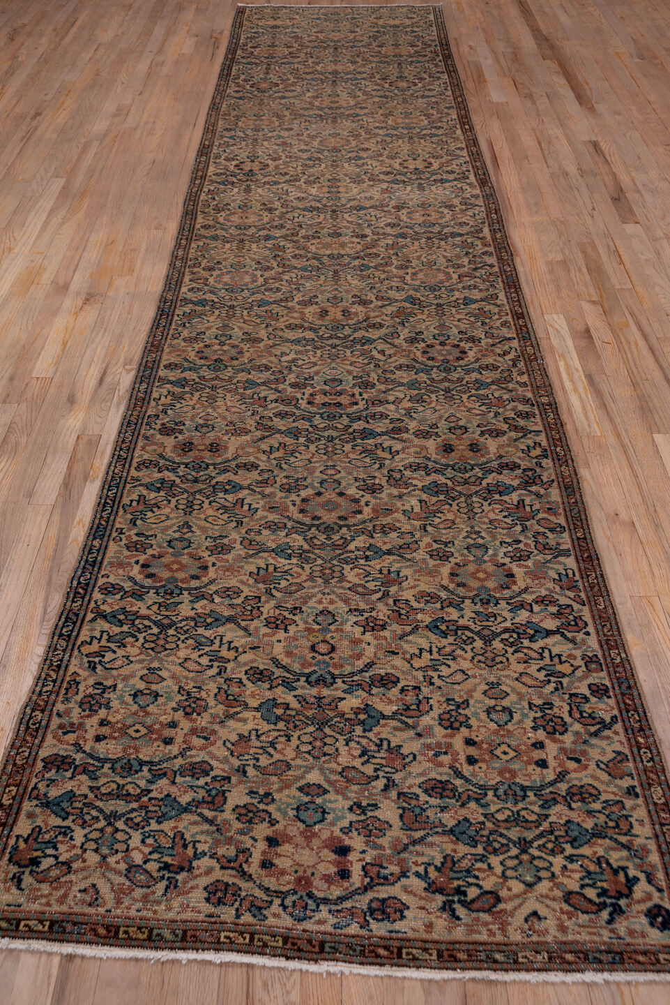 3' x 16' one-of-a-kind handmade antique Sivas runner rug. Color palette: beige, navy, rose, taupe, camel, rust, ivory, blue