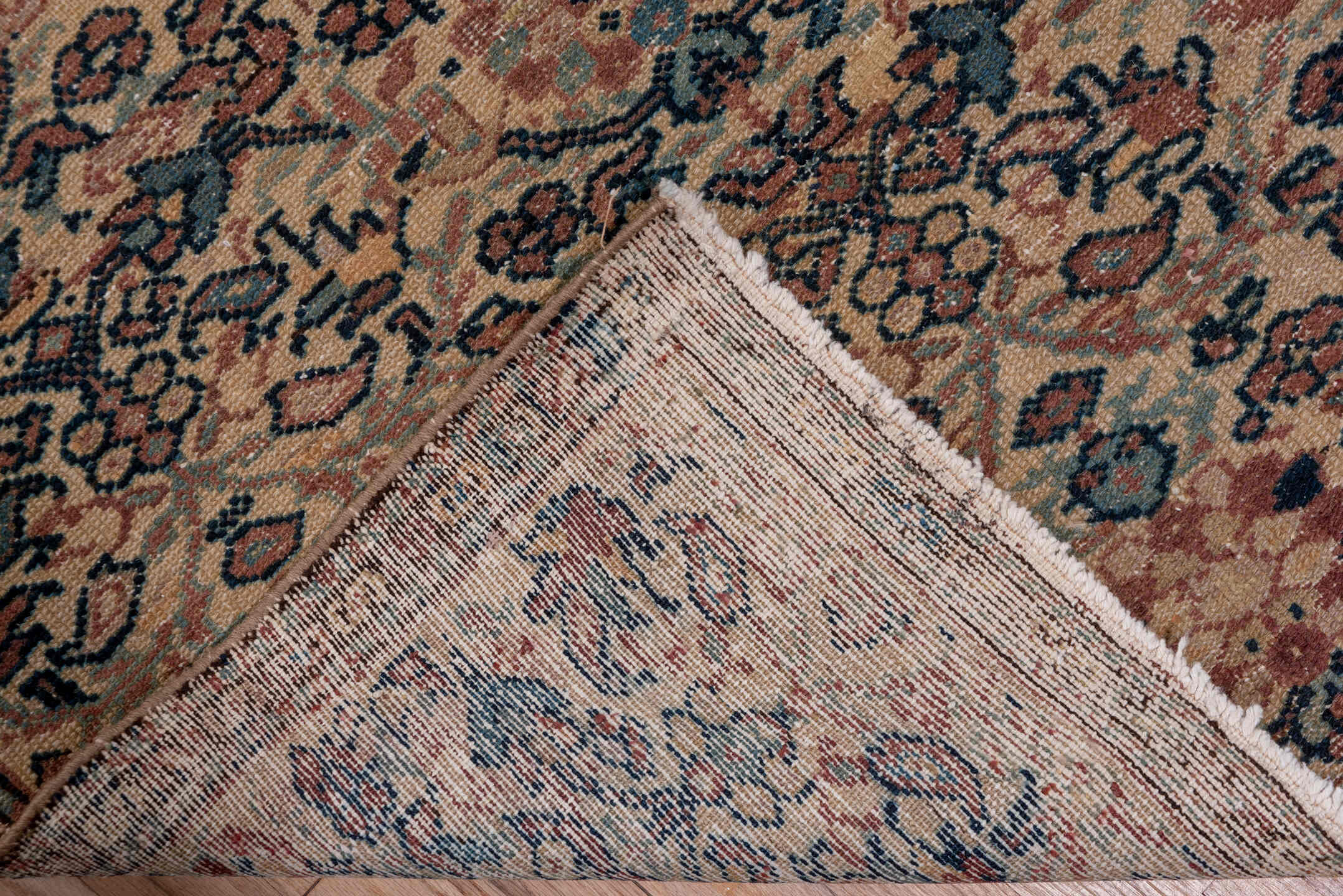 3' x 16' one-of-a-kind handmade antique Sivas runner rug. Color palette: beige, navy, rose, taupe, camel, rust, ivory, blue