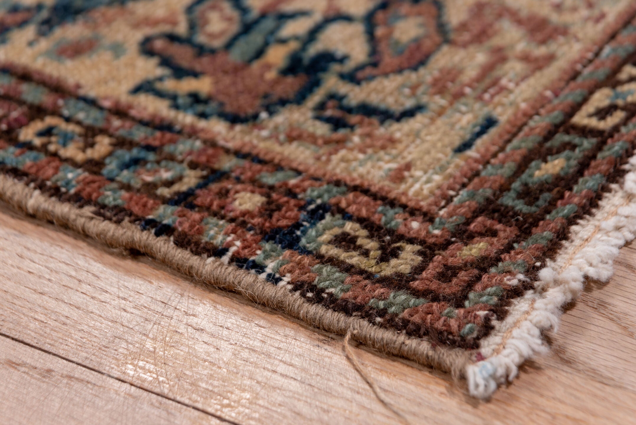 3' x 16' one-of-a-kind handmade antique Sivas runner rug. Color palette: beige, navy, rose, taupe, camel, rust, ivory, blue