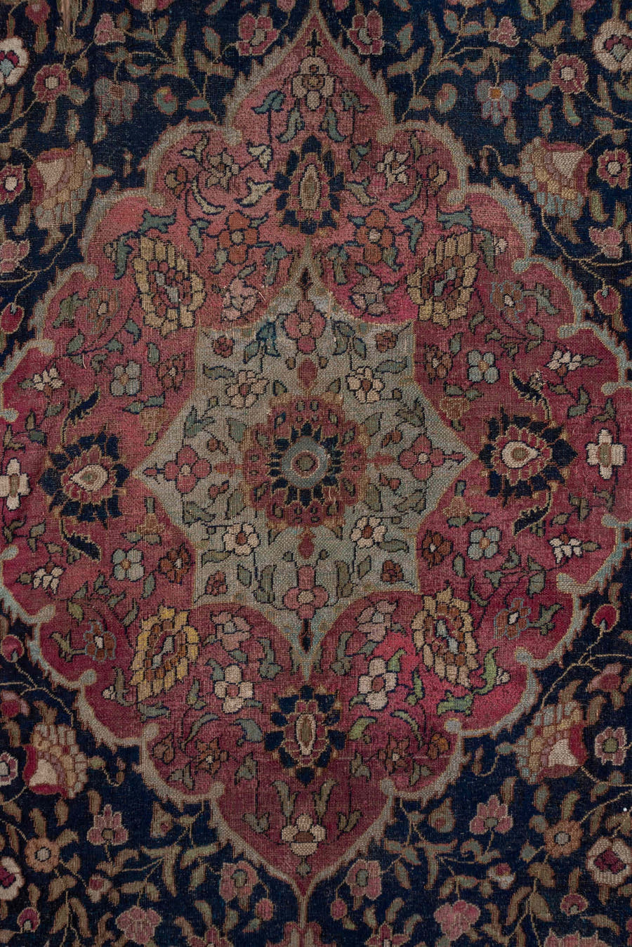 7' x 16' one-of-a-kind handmade vintage Khorassan rug. Color palette: navy, rose, ivory, rust, gold, camel, burgundy, slate